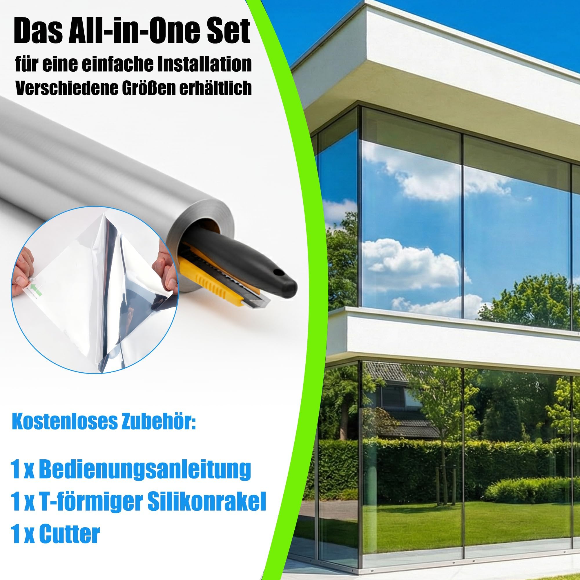 Spiegelfolie Fenster Sichtschutz Fensterfolie Sonnenschutz Hitzeschutz innen oder außen Sichtschutzfolie Selbstklebend UV Folie Sonnenschutzfolie Rückstandslose (Silber (Selbstklebend), 90X400 cm)