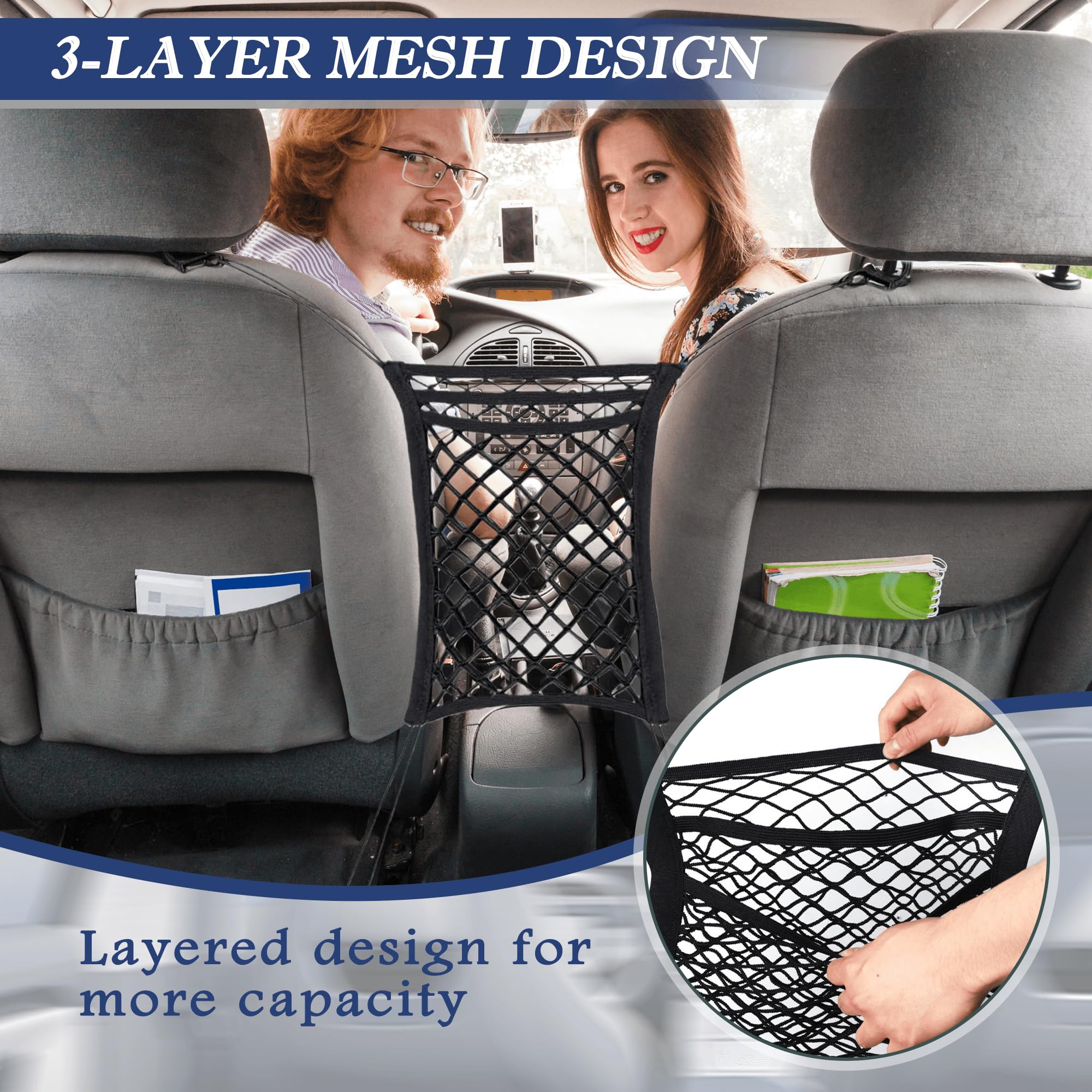 MEKEET 1PCS Car Mesh Bag for Dog Multifunctional Dog Car Net Barrier with Auto Safety Mesh Stretchable 3 Layer Pet Dogs Car Driving Accessories for SUV Car Truck Pet Driving Organizer Safety Travel - Image 4