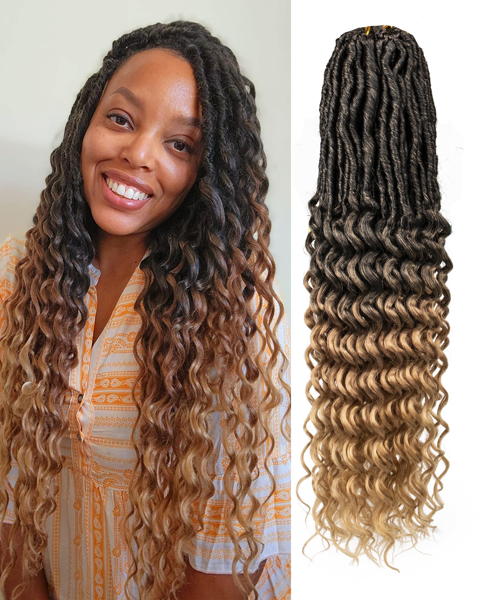 Deep Wave Faux Locs Crochet Hair for Black Women,24 Inches 8 Packs 112 Strands,Pre Looped Ombre Golden Synthetic Hair Extensions,Soft Goddess Locs