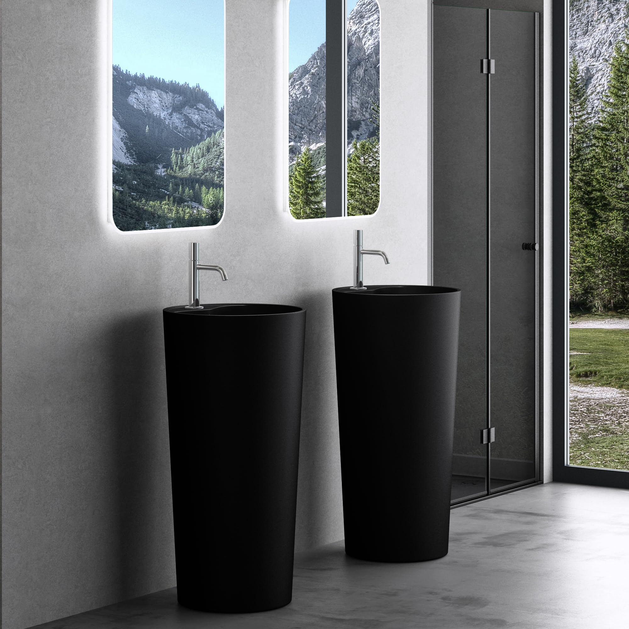 doporro Lavabo Colonne Rond Noir Vasque sur Pied Solid Surface Lave Mains pour Salle de Bain 45x45x90cm Colossum35