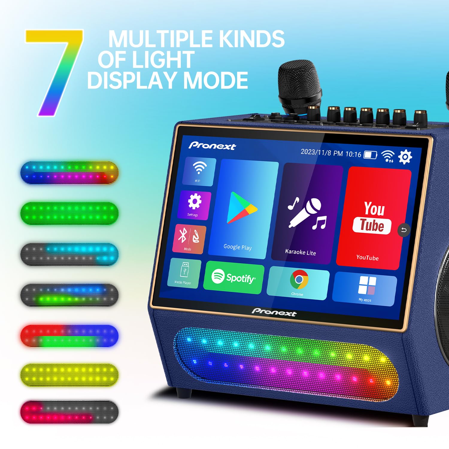 PRONEXT Macchina per karaoke con schermo di visualizzazione testi per adulti, altoparlante Bluetooth con 2 microfoni UHF ricaricabili, tablet da 14 pollici, potenza di picco 800 W, luci DJ, sistema