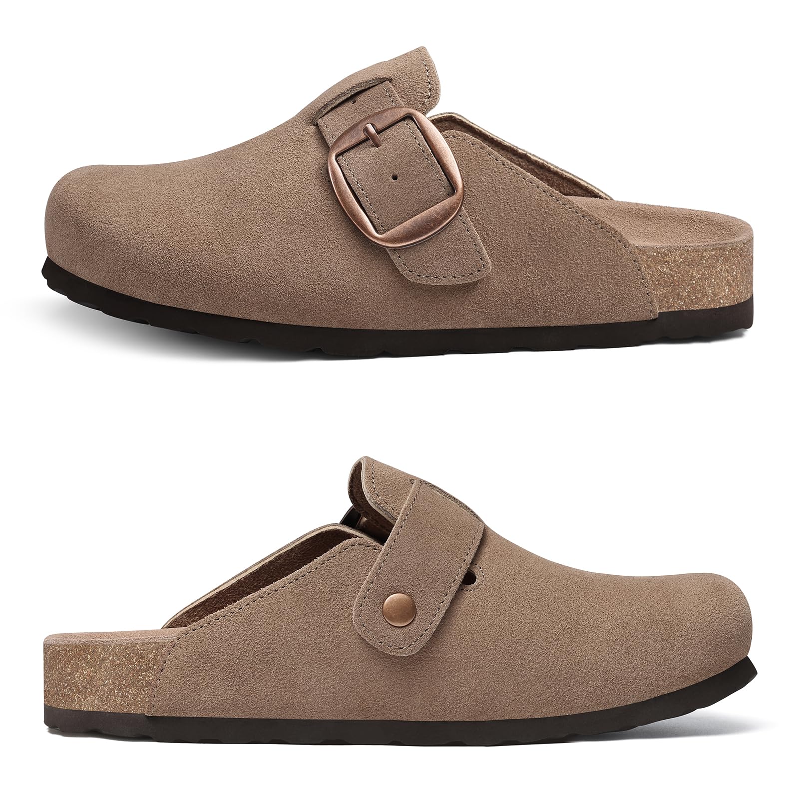 KIDMI Genuine Suede Clogs for Women Memory Foam Cork Footbed Potato Shoes Slip On Leather Mules with Big Buckle