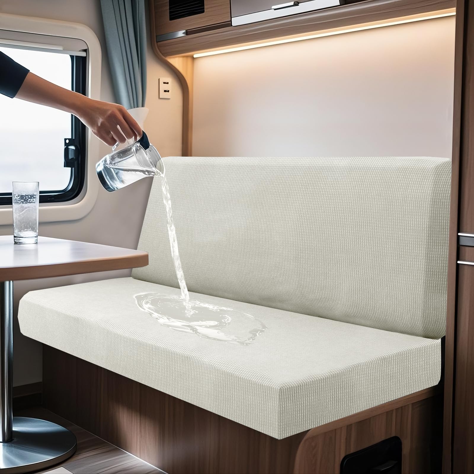 SYLC 2 Piece Waterproof Caravan Seat Covers and Backrest Cover, Non-slip Motorhome Dinette Cushion Covers with Ties, Stretch Campervan Seat Covers Jacquard (Checkered Ivory,Rectangular L)