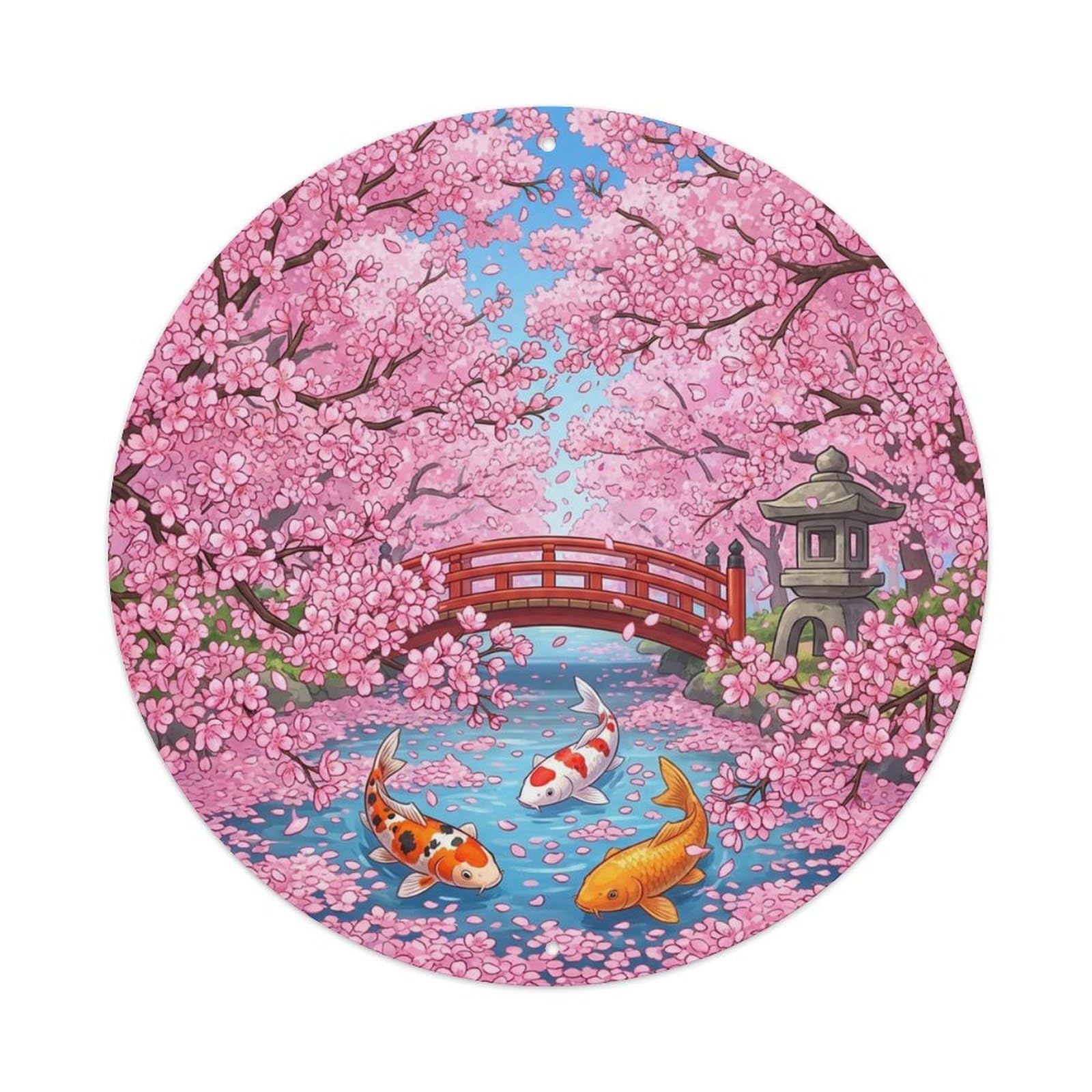 Spring Blossom Koi Pond Bloom Peak Vintage Landscape Metal Tin Sign Plaque Wall Decor for Cafe, Man Cave, Club Bar, Office, Home Garden Round Metal Poster 8x8Inch