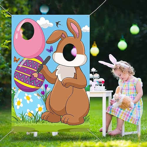 Miniatura 4 de Irenare Cartel de puerta de fotos de conejo de Pascua, tela grande, accesorios de fotos de feliz Pascua, fondo de cara de conejo de huevo, 59 x 39.4