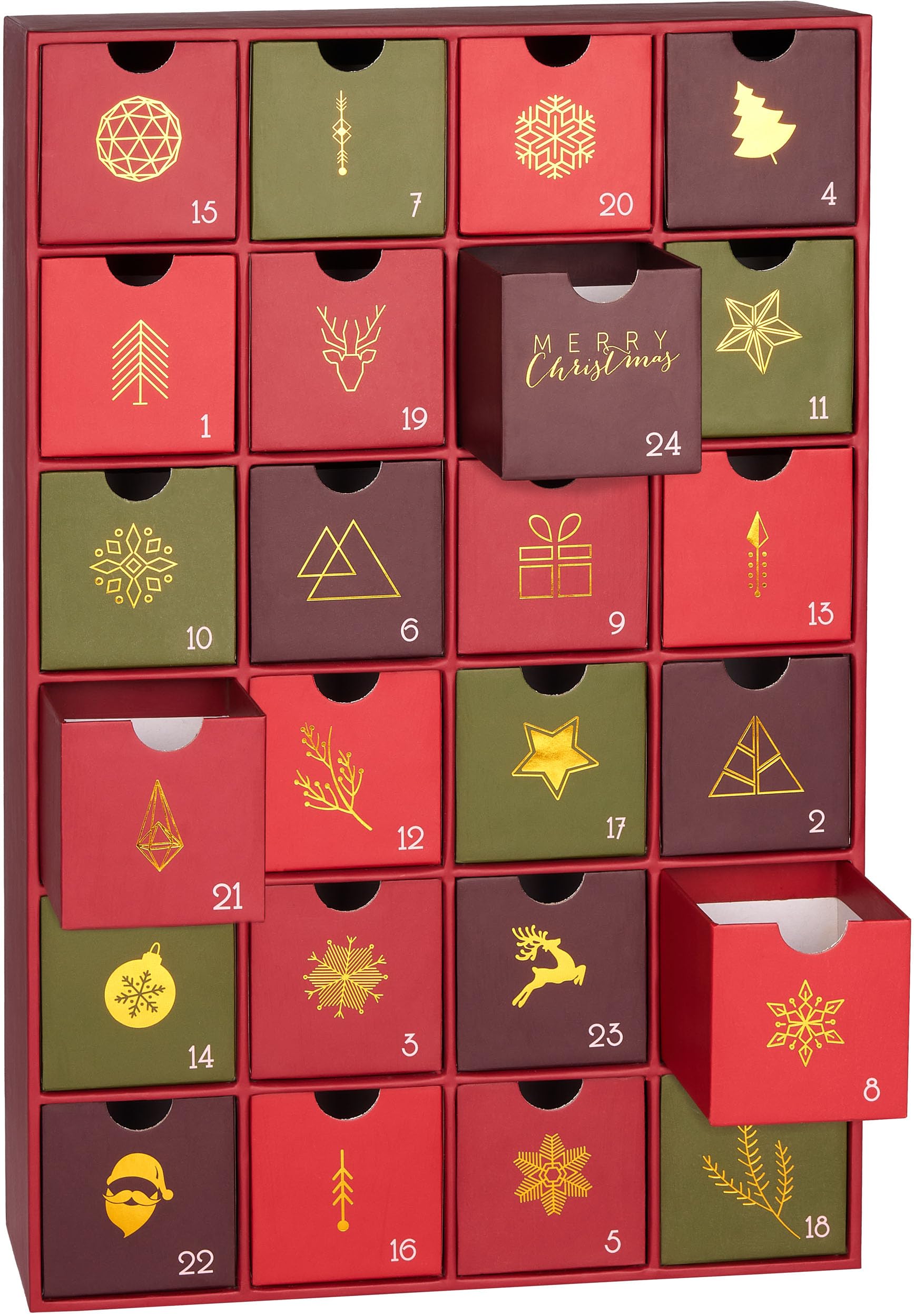 BRUBAKER Adventskalender zum Befüllen - Rot Grün Gold - 39 cm | Traditionelles Weihnachten - DIY Weihnachtskalender mit 24 Türchen für Gutscheine, Süßigkeiten und andere Überraschungen