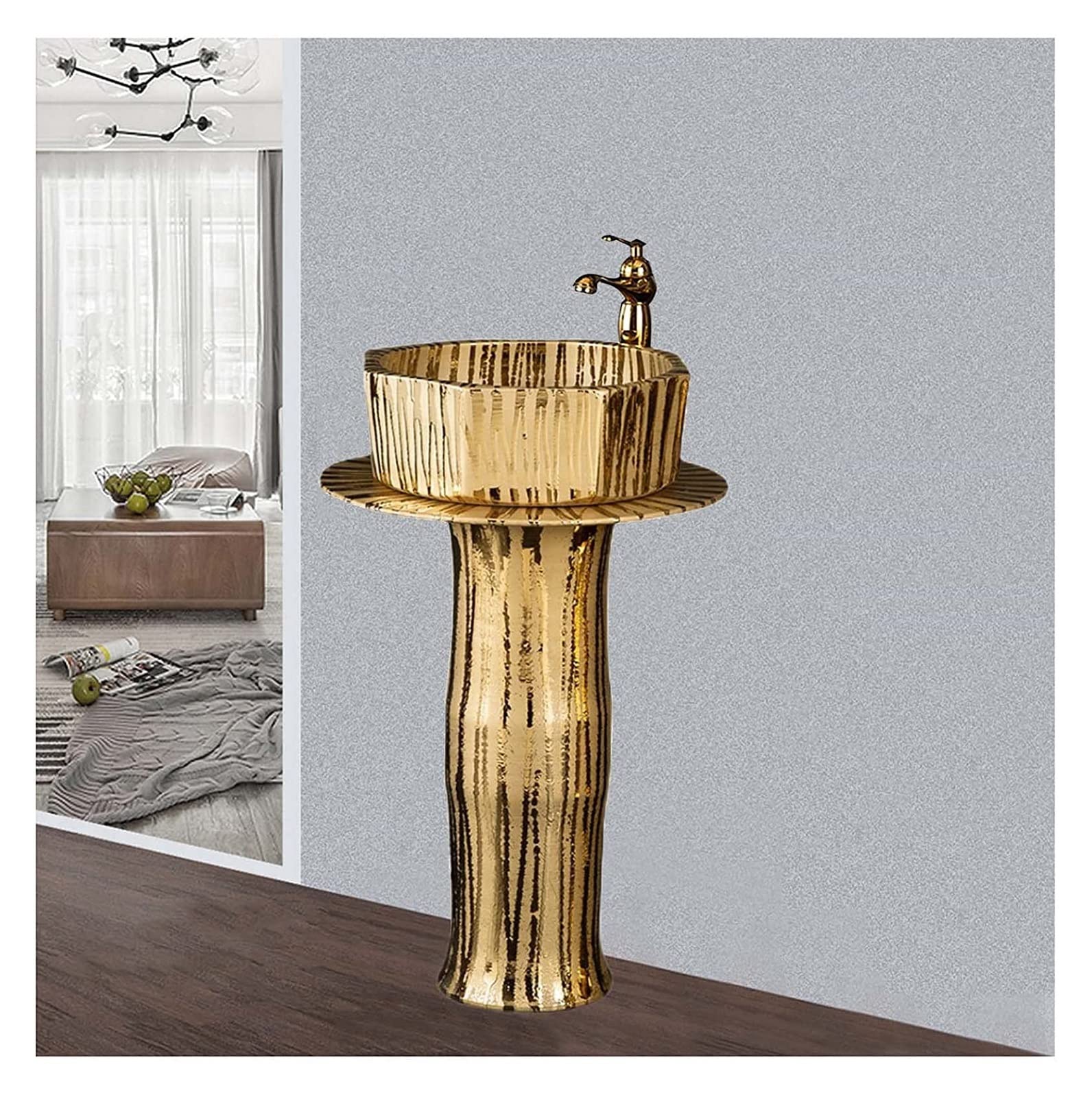 WDSOPK Freestanding Pedestal Sink Hotel Art Basin, Modern Ceramic Bathroom Basin Sink, Gold Cylindrical Hand Wash