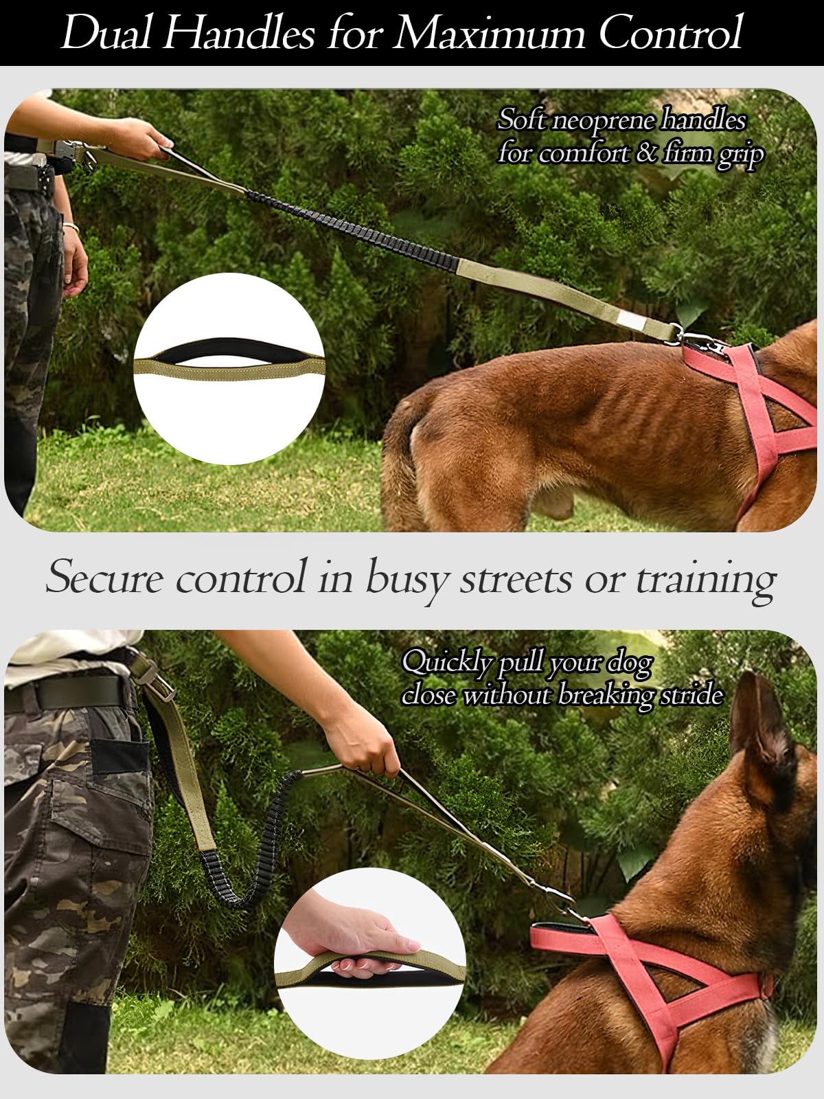 Correa para perro manos libres con bolsa con cremallera y cinturón de cintura, correa elástica reflectante duradera con asas acolchadas dobles para caminar, trotar y correr, se adapta a perros
