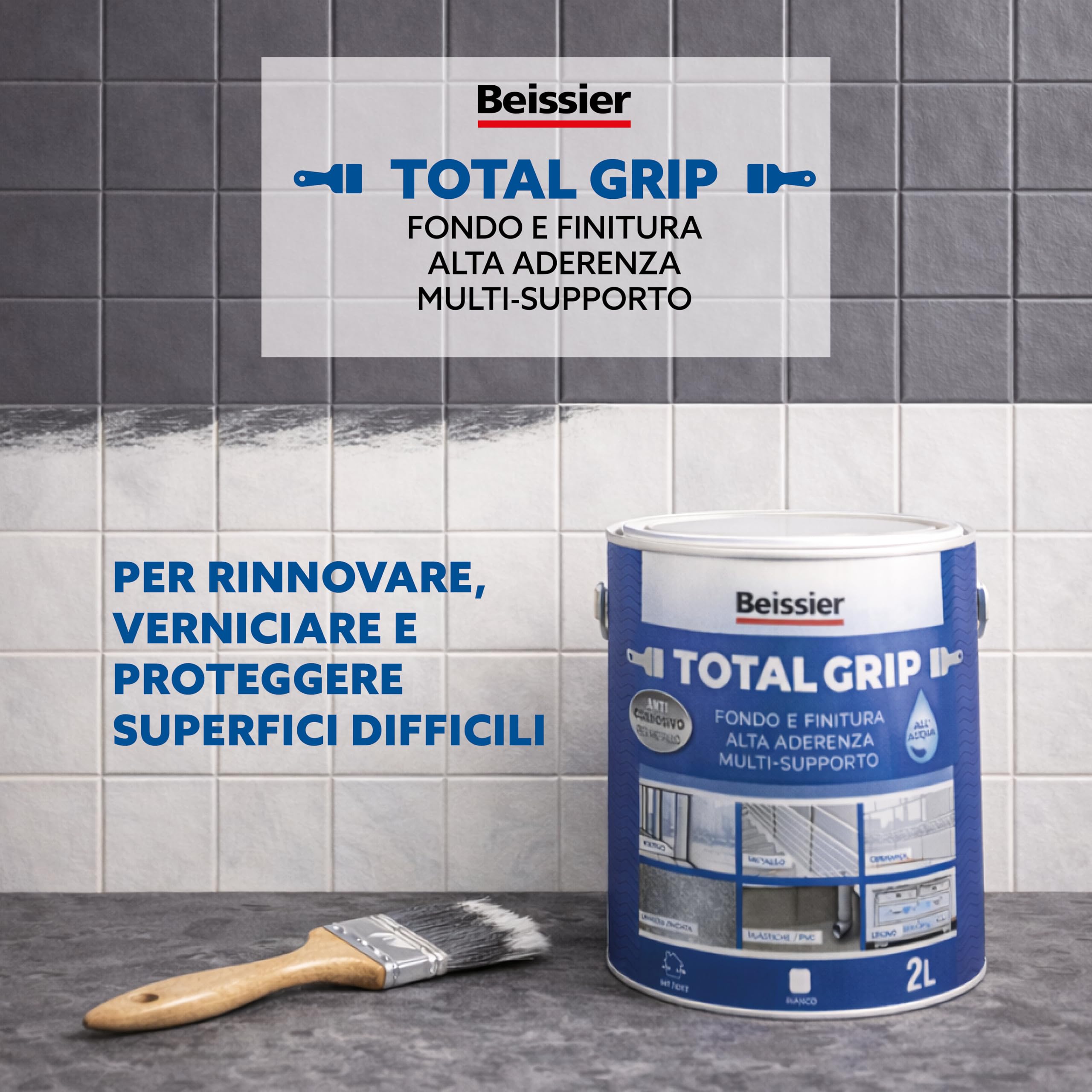 Smalto multisuperficie per piastrelle e mobili – Aguaplast TOTAL GRIP fondo vernice per ceramica, legno, metallo e plastica – copri macchie e primer formato 750 ml