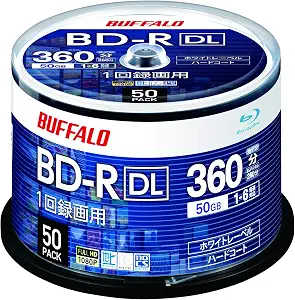 Buffalo BD-R DL Blu-Ray Disc, 50 GB, 50 Sheets, Spindle, 2 Layer, 1-6x Speed, White Label