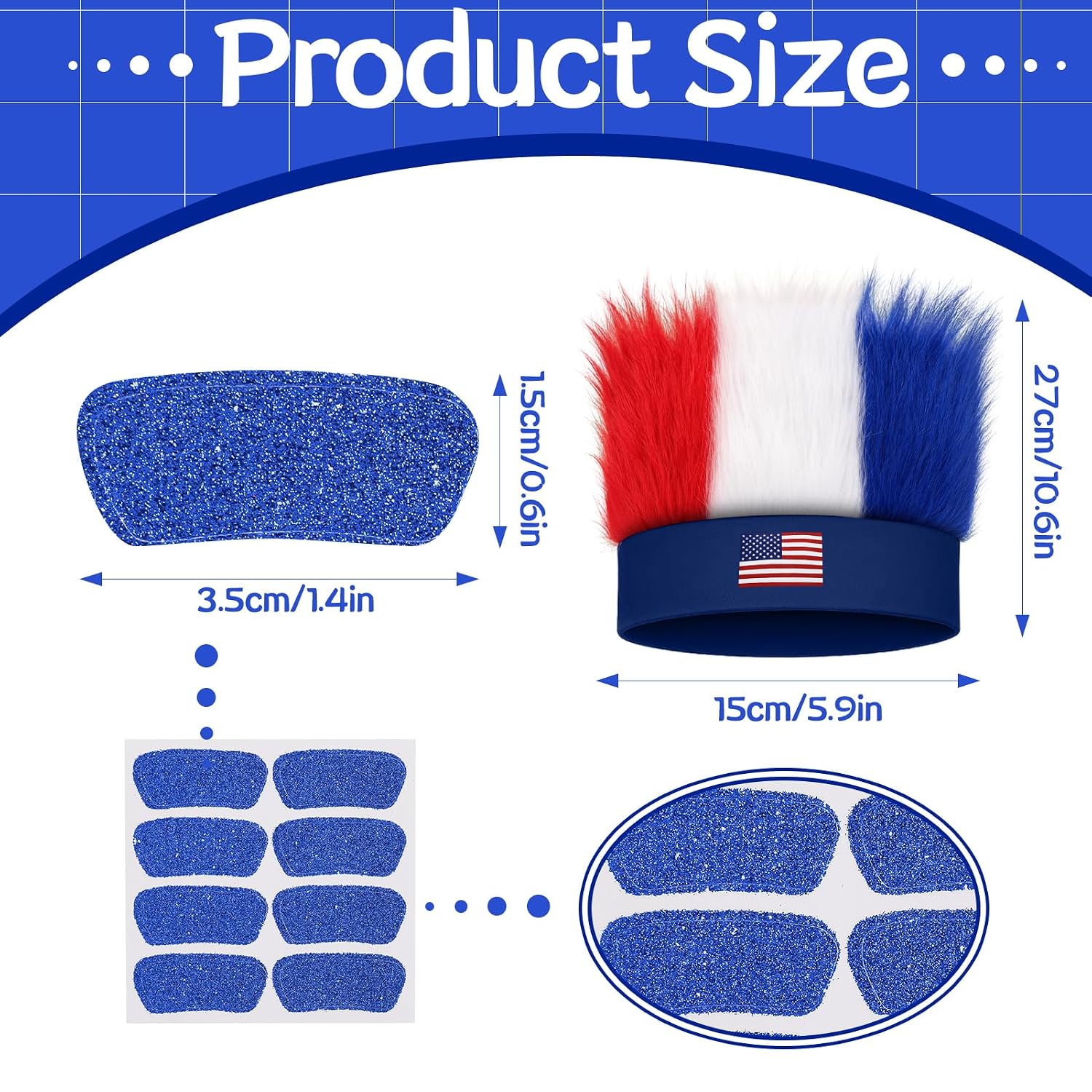 JATEBI 4 Pack Patriotic Hairy Headband – Red, White & Blue Crazy Hair Wigs with Stickers, Troll Hair Costume Accessories for 4th of July, Memorial Day, Sports Events, Parties, Cosplay