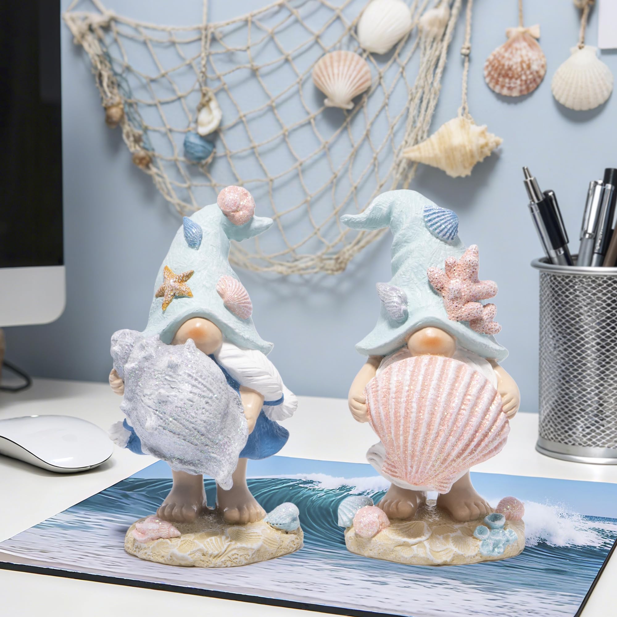Hodao Ocean Elf Figurines with Seashell & Conch – Coastal Nautical Beach Elf Decor for Coastal Living Room, Ocean Themed Home Tabletop Decoration, Gift for Retirees (Blue-Grey)