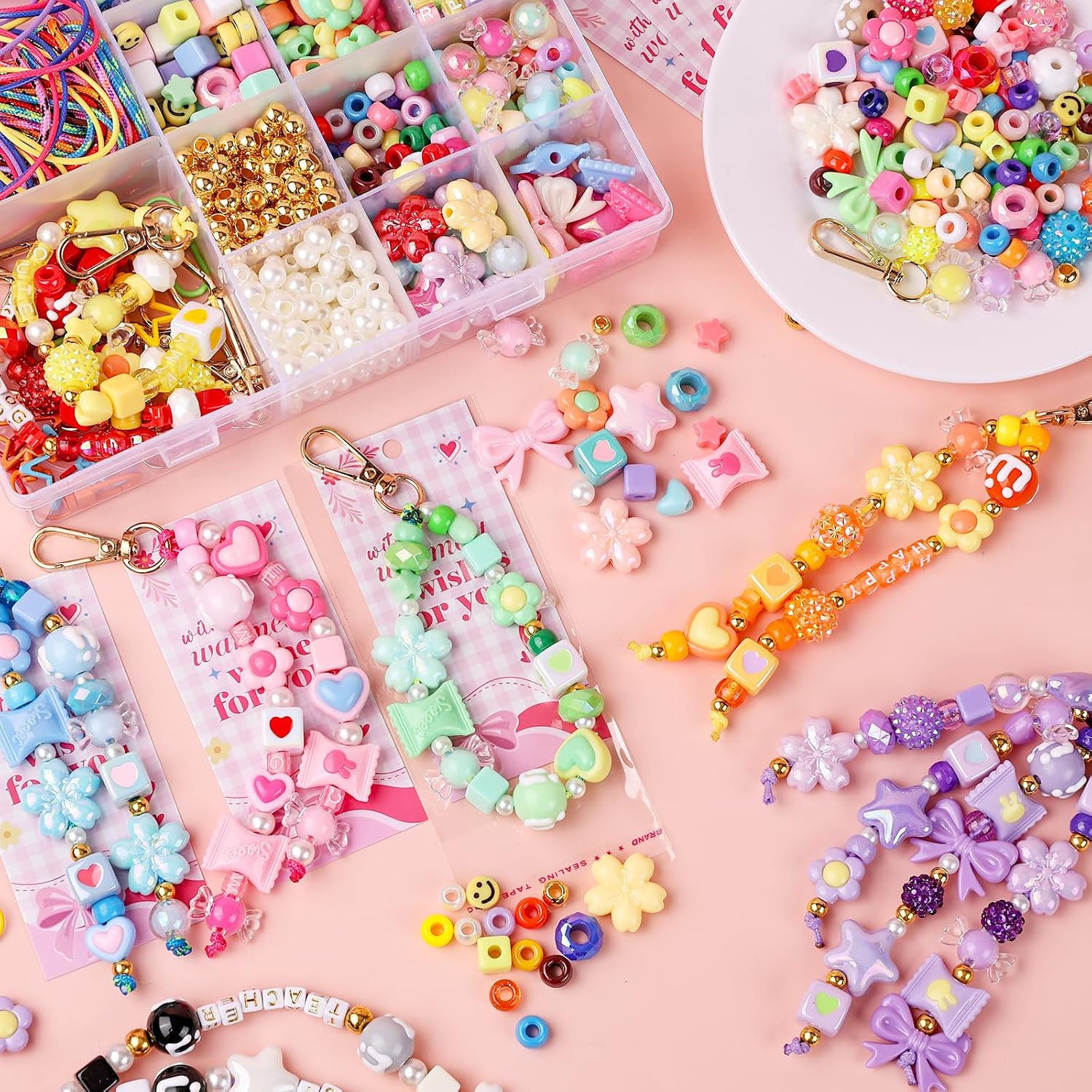NEOACT 1090PCS DIY Beaded Keychain Making Kit, Colorful Bag Charm Kit