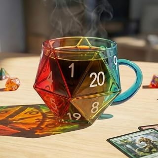 Rainbow Glass D20 Dice Mug – 12oz Iridescent Polyhedral Cup for Tabletop RPG Gaming – Unique D&D Gifts for Men, Game Masters– Novelty Coffee Dice Cup