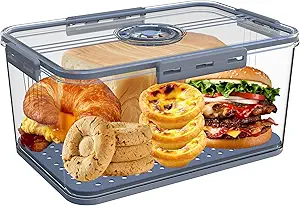 Bread Box with Lid for Kitchen Counter, Airtight Loaf Bread Storage Container, Large Capacity, Time Recording, Grey