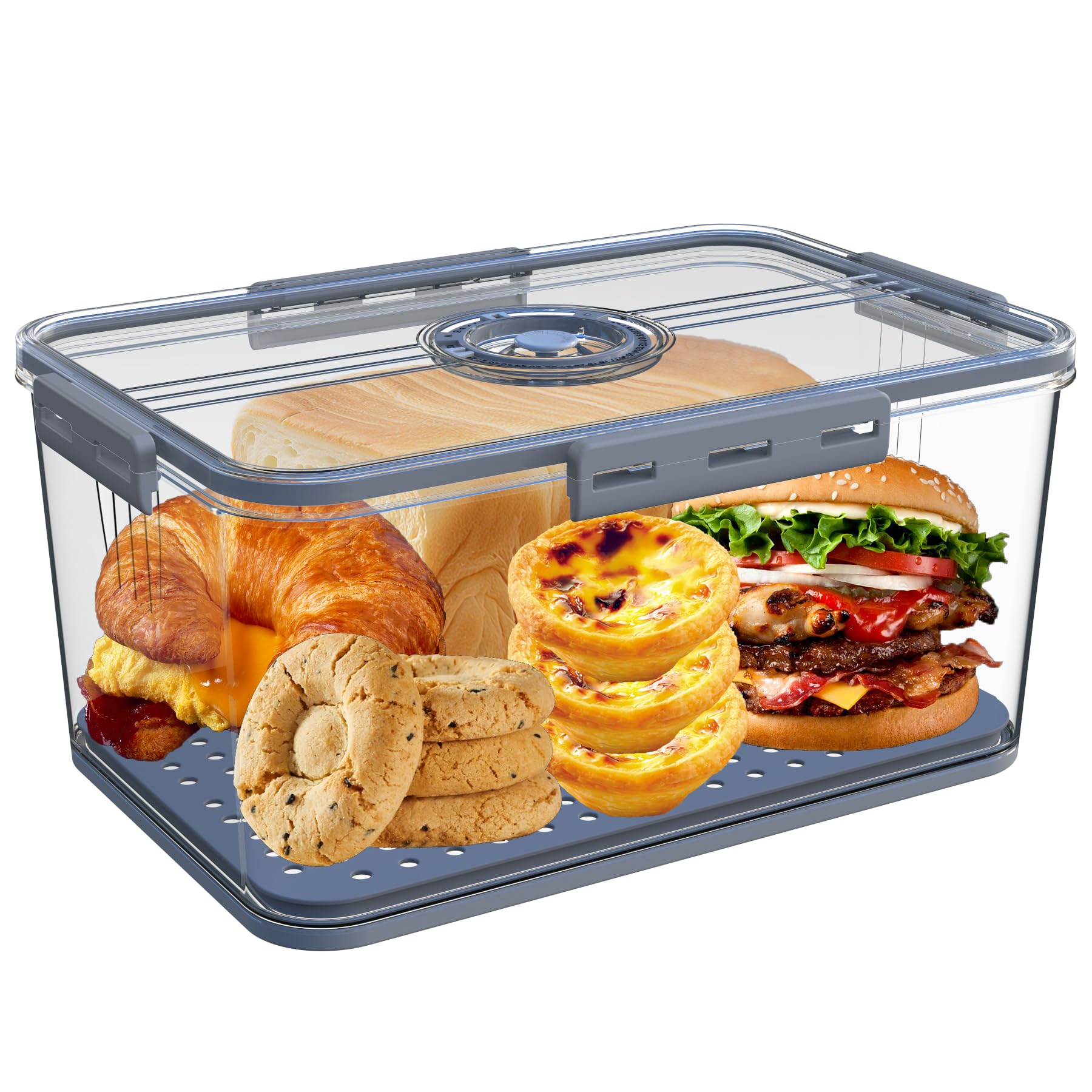Bread Boxes With Lid For Kitchen Counter, 10L Airtight Loaf Storage Container，Time Recording Keeper Homemade Bread, Toast, Bagel, Donut And Cookies (Grey)