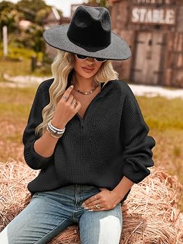 QIANSIQIANBO Women's Zipper Sweater 1/4 Zip Polo V Neck Long