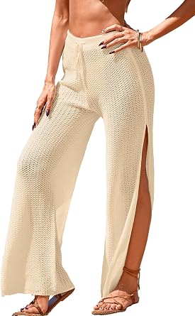 BreathSunny Womens Crochet Knit Elastic Waist Beach Coverup Pant Summer 2025 Side Slit Sheer Bathing Suit Cover Up Pants