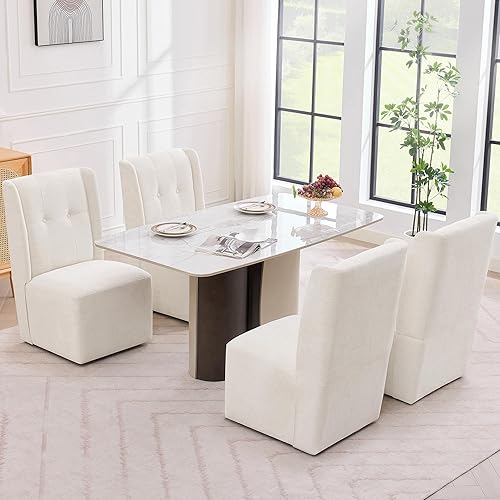 Miniatura 16 de Juego de 2 sillas de comedor con ruedas, moderna silla de comedor enrollada sin brazos tapizada con ruedas para cocina, sala de estar, piel PU