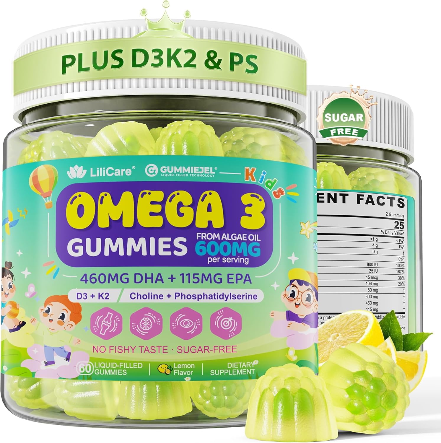 Kids Omega-3 Gummies for 4+, Algae Oil DHA & EPA with Vitamin D3 K2, Choline & PS, Vegan Fish Oil Supplements for Brain, Bone, Cognitive & Immune Health, No Fish Taste, SugarFree, Lemon Flavor, 120Cts