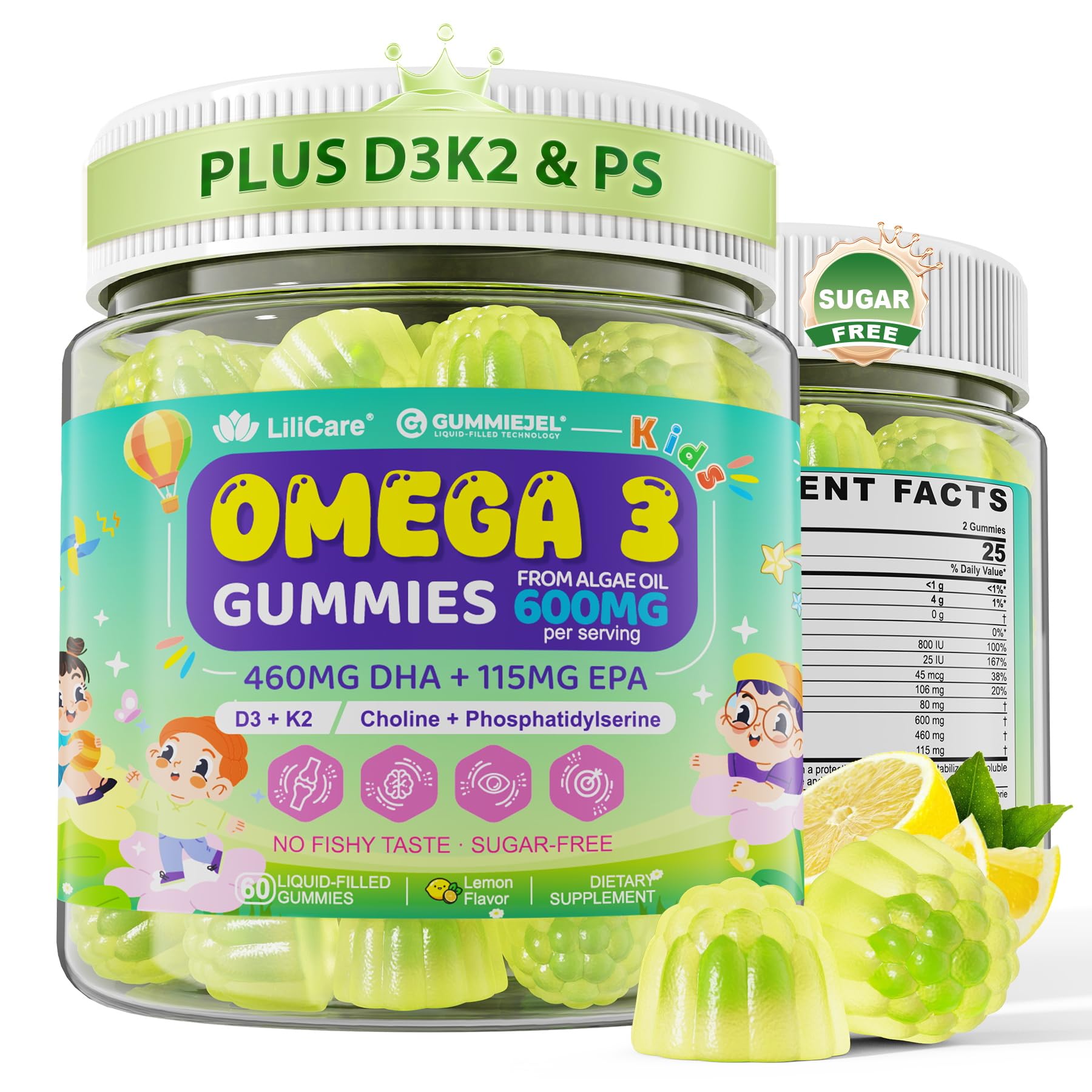Kids Omega 3 DHA Gummies for 4+, 460 mg DHA & EPA from Algae Oil, 120 Count 60 Count (Pack of 2)