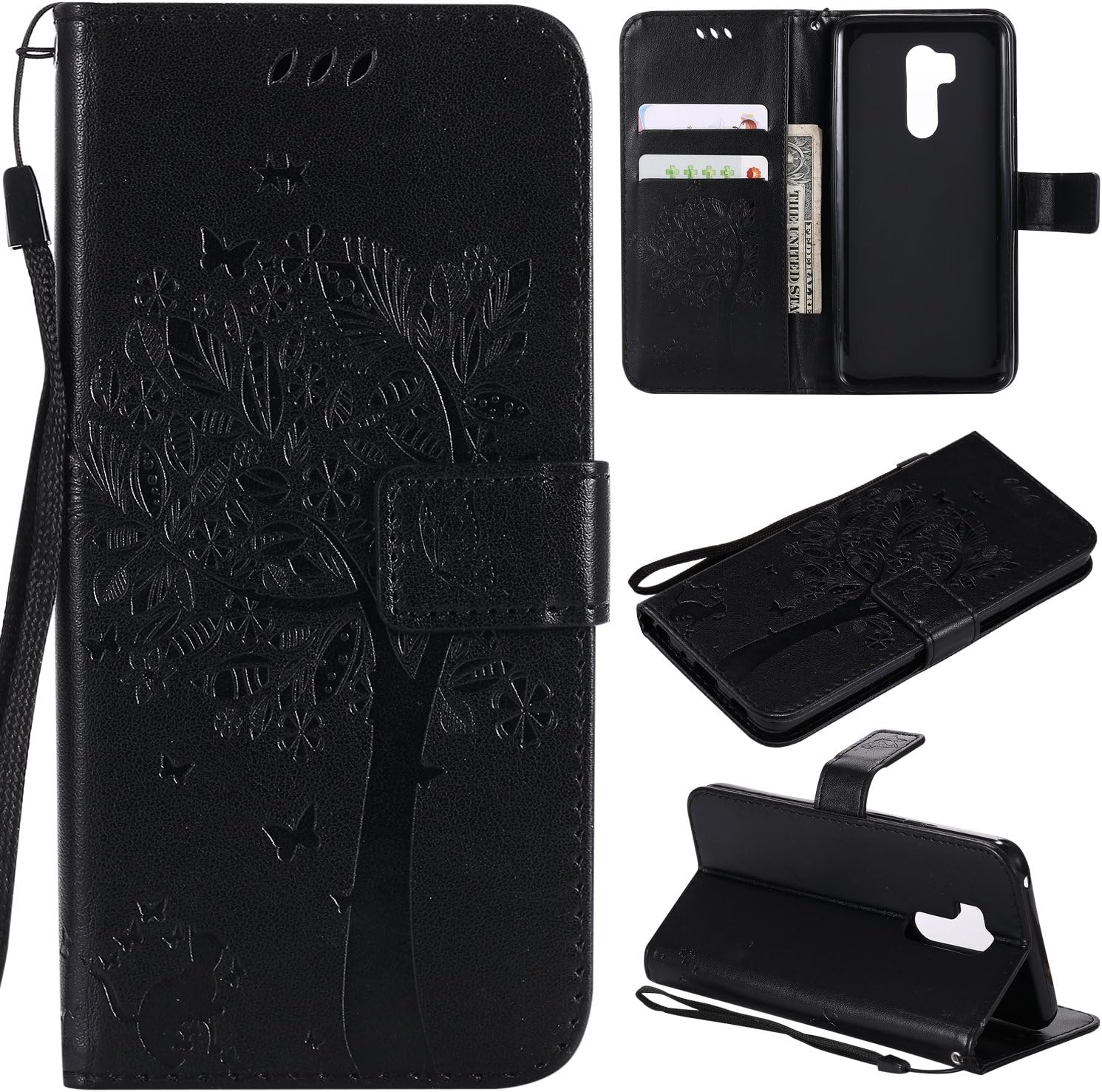 LG G7 ThinQ Case,LG G7 Wallet Case with Screen Protector,LG G7 ThinQ PU Leather Protective Case Emboss Cat and Tree Folio Magnetic with Card Holder Kickstand and Flip Case for LG G7 ThinQ Black