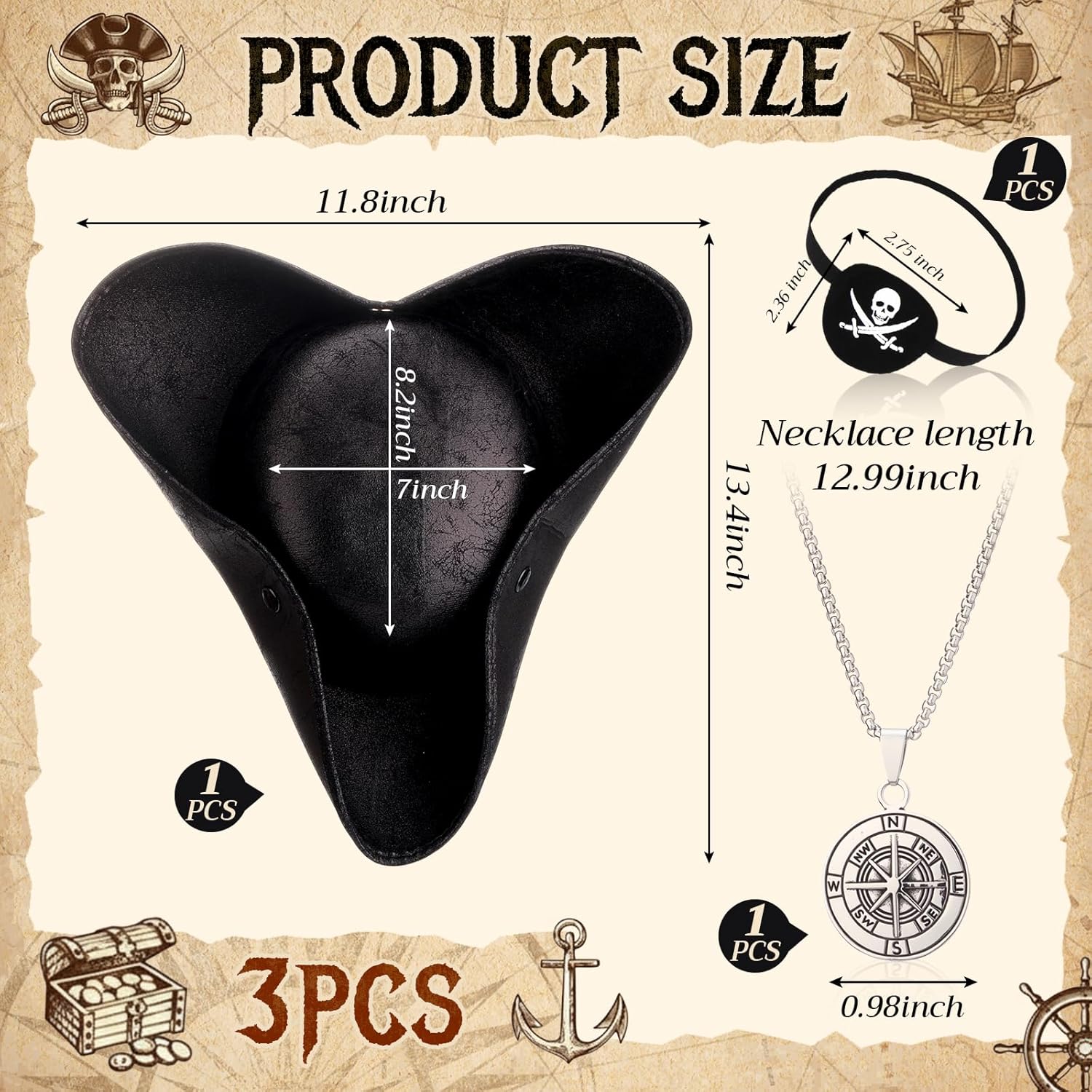 Pirate Hat Pirate Costume Accessories Leather Tricorn Hat Necklace Eye Patch Mardi Gras Party Men Women Distressed - Image 3
