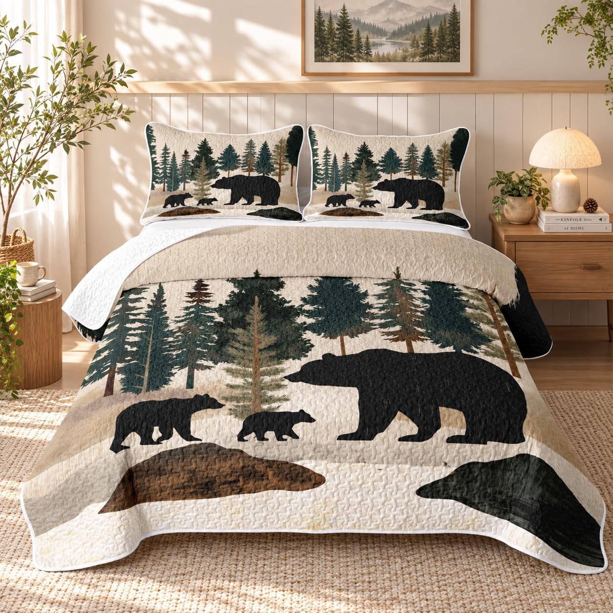 Feelyou Rustic Bear Quilt Set Queen Size Country Farmhouse Cabin Comforter Set for Kids Boys Girls Retro Woodland Mountain Pine Tree Bedspreads with 2 Pillowcases Bedding Lightweight