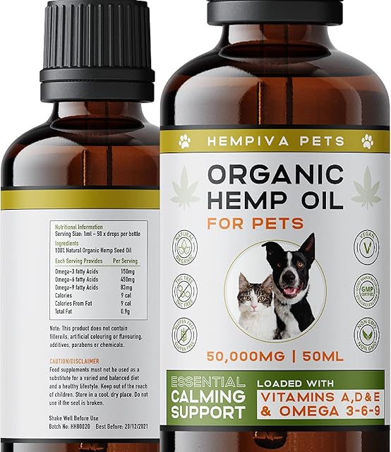 Hempiva Hemp Oil Dogs Cats and Pets-Natural Joint Care Supplement | High Strength | For Calming Arthritis and Pain Relief | 50ml | Rich in Omega 3,6,9 | Made and Certified in UK