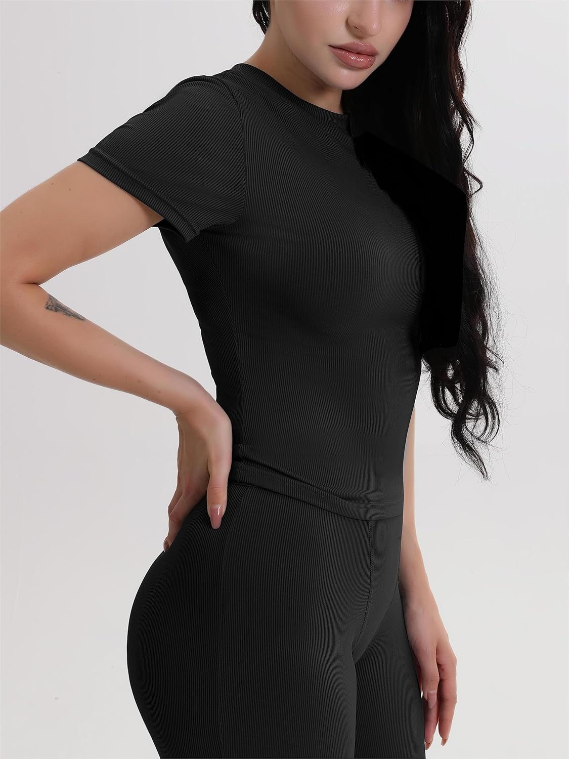 AYWA Two Piece Outfits for Women Fitted Crew Neck T-shirt High Waist Leggings Biker Shorts Matching Sets Streetwear - Image 5