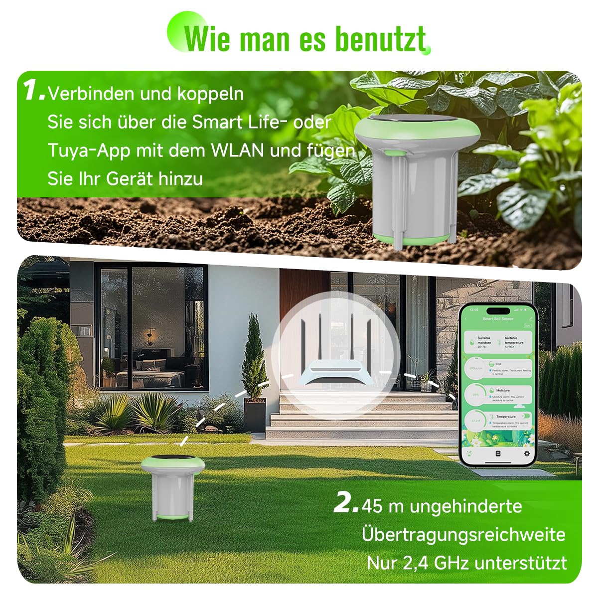 Smart 3-in-1 Bodenfeuchtigkeits-/Temperatur-/Düngemessgerät, digitaler Bodensensor mit Tuya/Smart Life APP-Push-Benachrichtigung für Garten/Landwirtschaft/Rasen