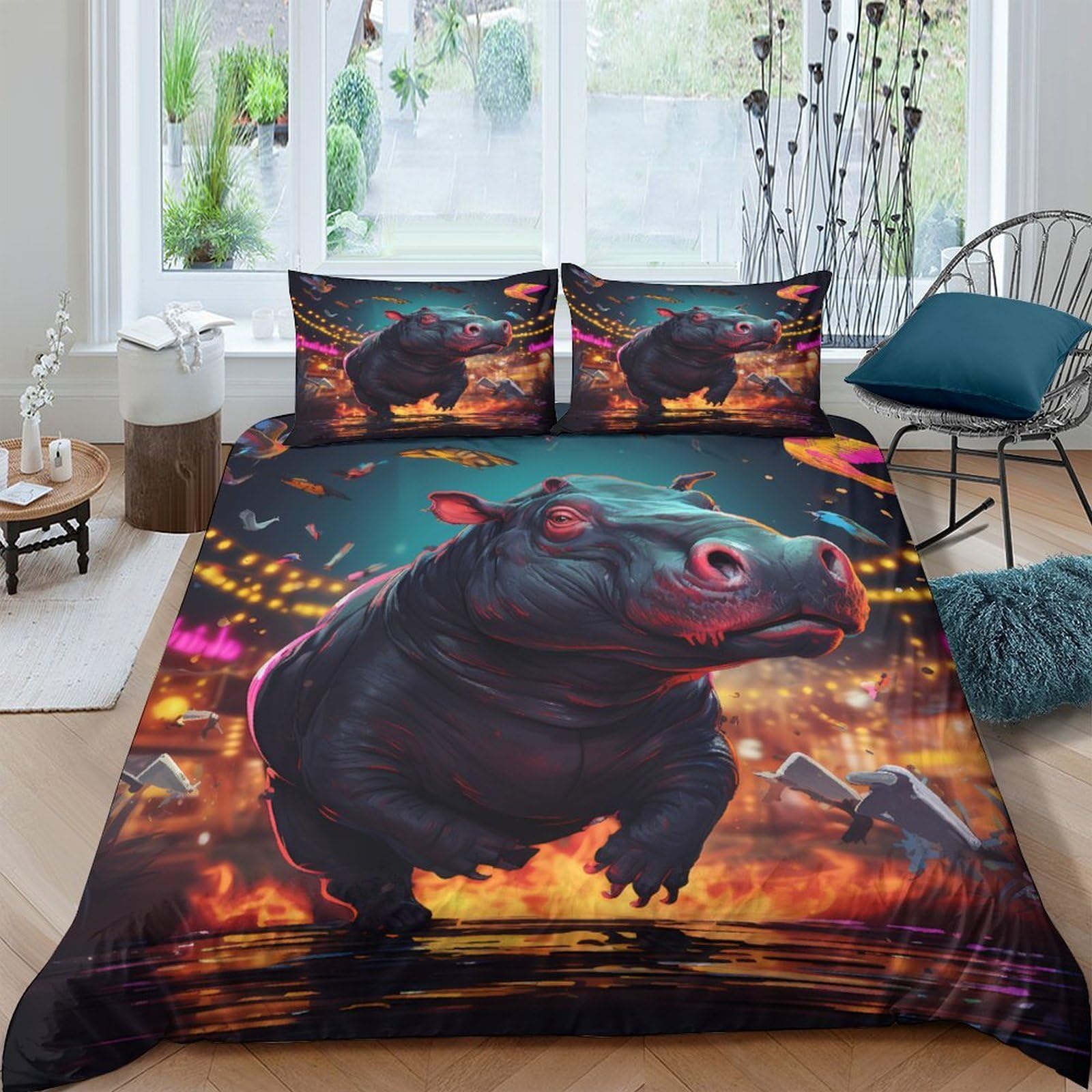 Ctjqhvkz Style-6 3D Printed Fantasy Hippo Fitted Sheet Microfiber Soft Animal City Mattress Cover For Bedroom Guest Room Decor Single（135X200cm）