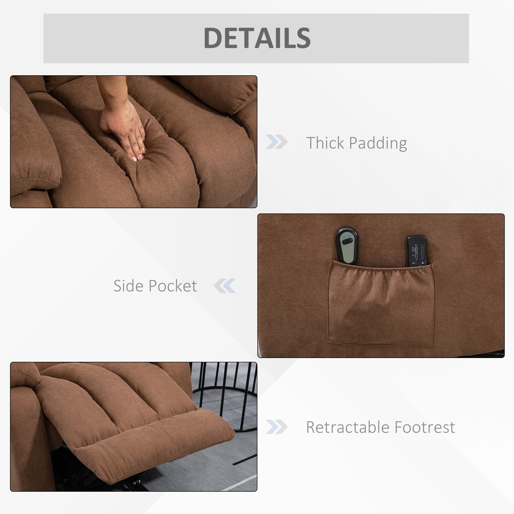 HOMCOM Poltrona Alzapersona Elettrica con Telecomando, Poltrona Relax Massaggiante e Reclinabile in Tessuto con Poggiapiedi e Tasche Lateriali, 91x93x103cm, Marrone