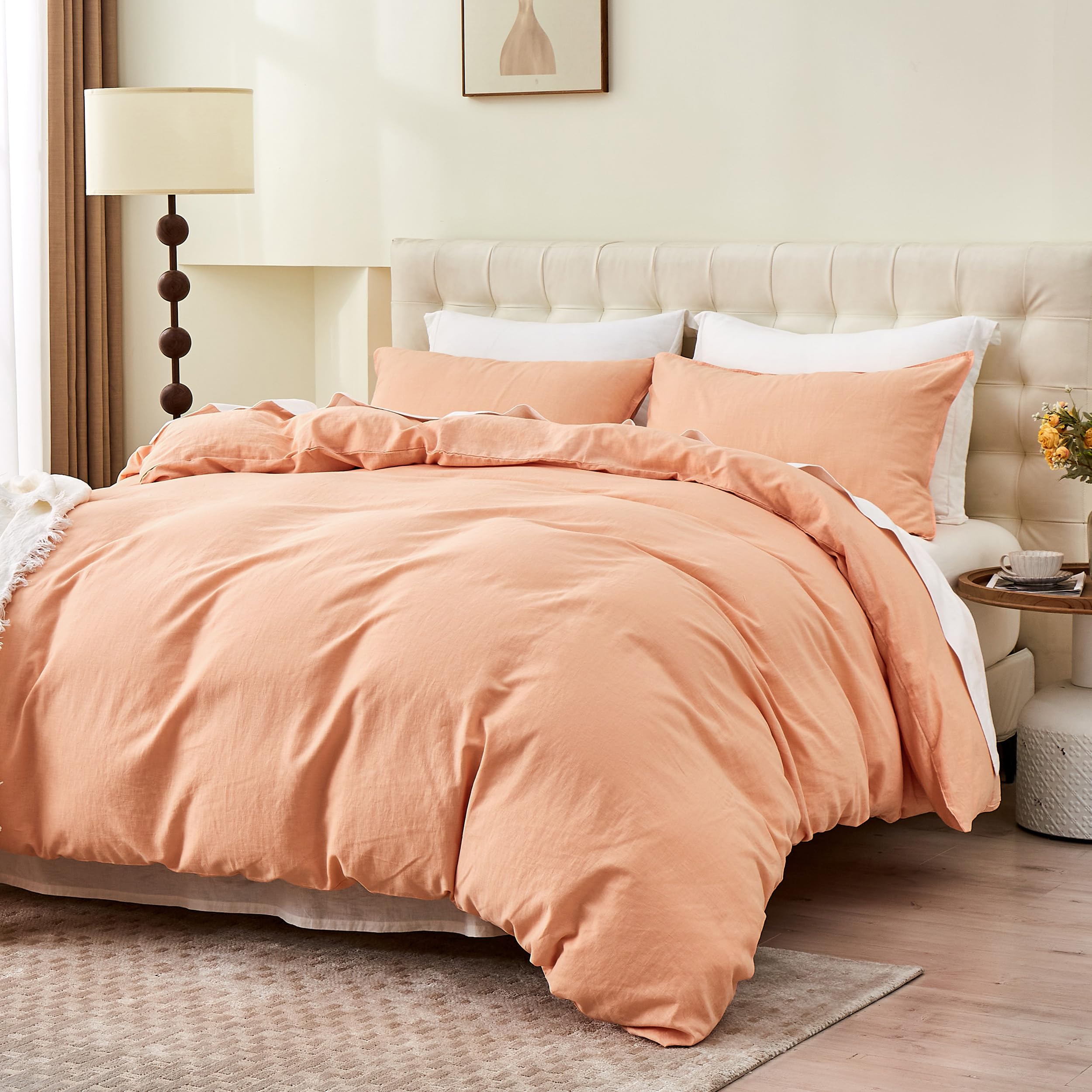 Simple&Opulence Funda Nordica 230x220 cm con Funda de Almohada 50x75cm -Juego de Funda Nordica Cama 135 de Lino y Algodón, Suave,Transpirable y Cómodo para Todo el Año,Melocotón