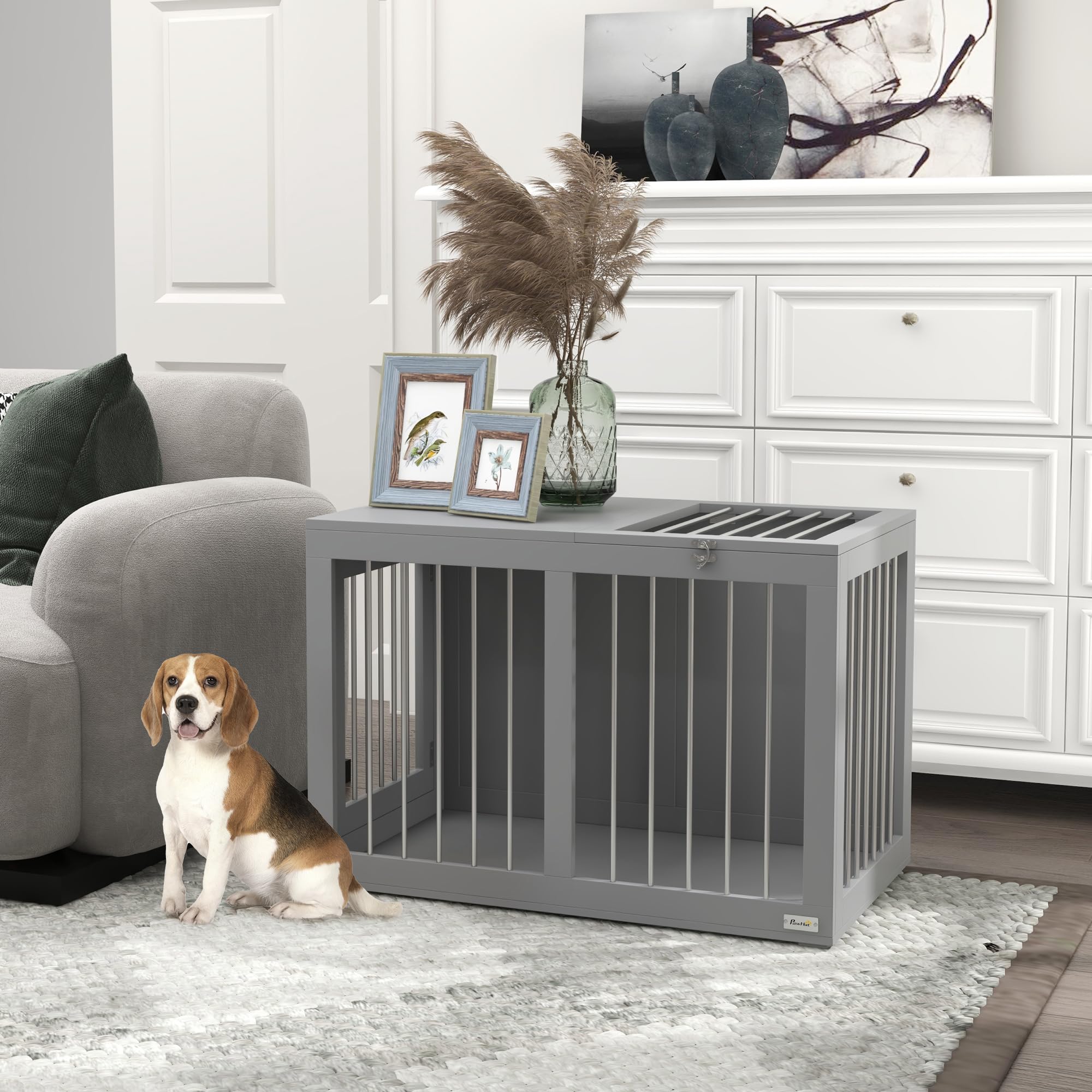 PawHut Caseta de interior para perros caseta para perros 2 puertas con cerradura buena ventilación mesa lateral 80 x 50 x 56,5 cm gris