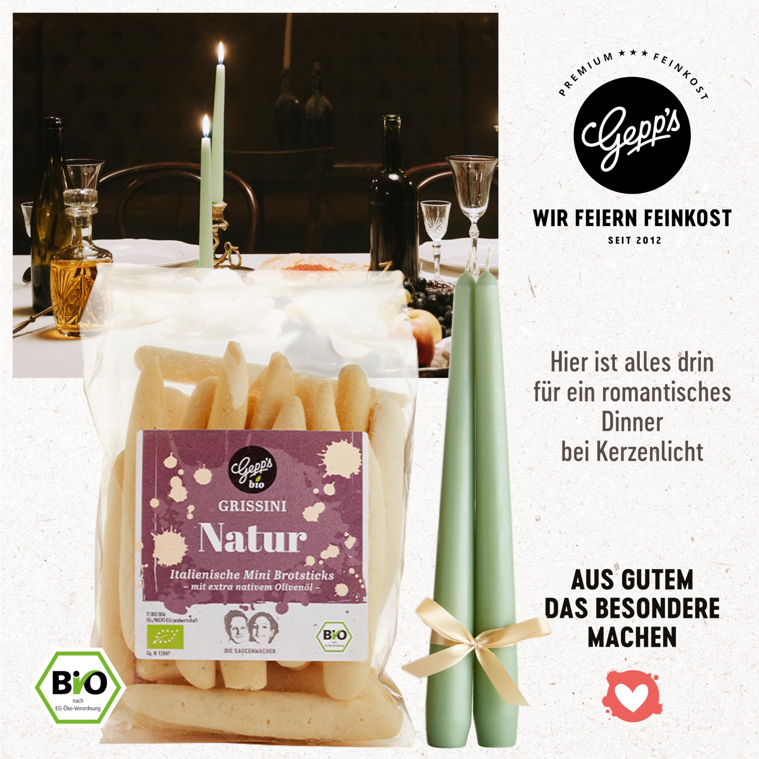 Gepp's Feinkost Candle Light Dinner Wundertüte Geschenkset mit Pasta, Pesto Genovese, Kräutern, Grissini