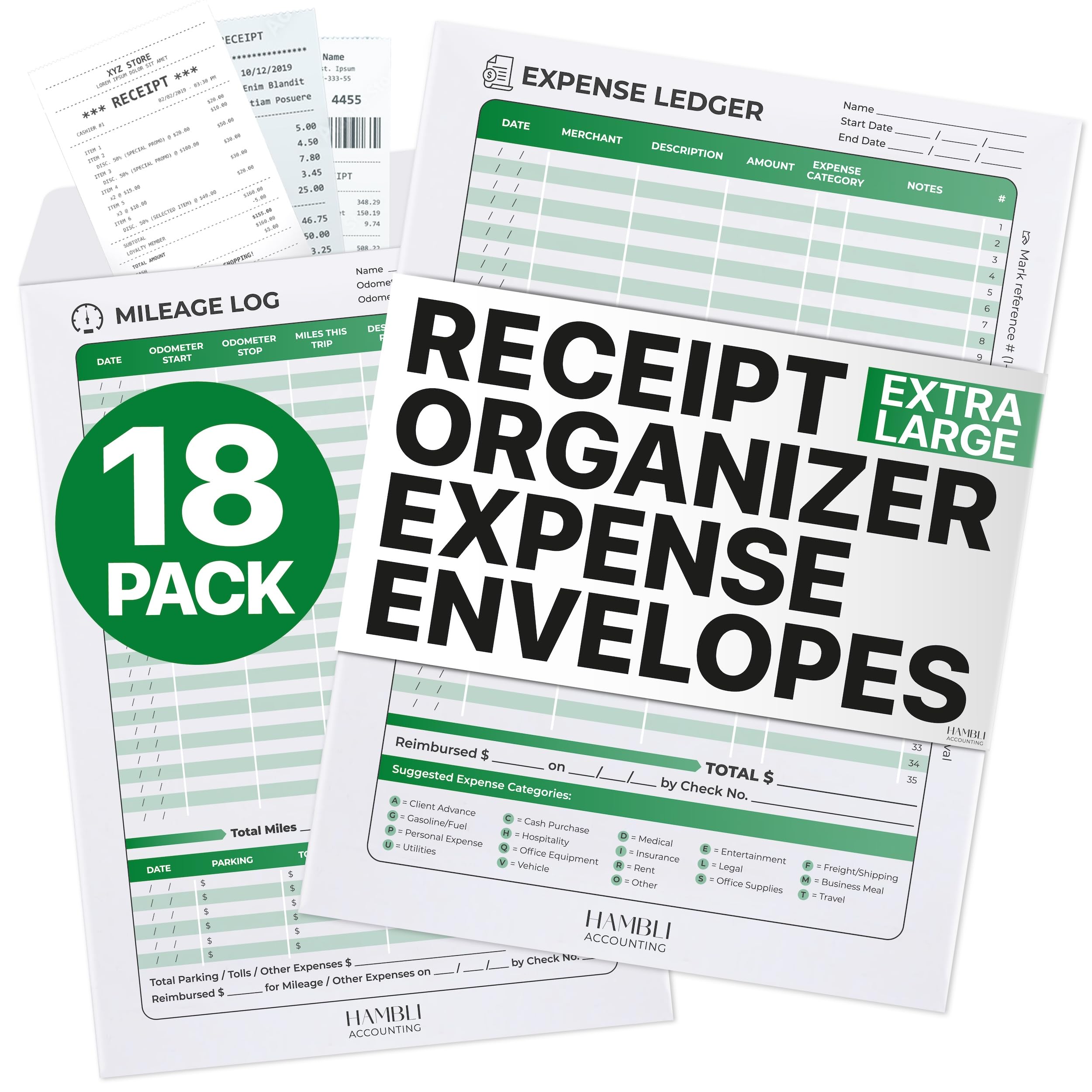 Extra Large Receipt Envelope & Receipts Organizer (Pack of 18) - Efficiently Manage Business Expenses & Log Mileage Trips - 8.5” x 11.0” Inches, Green