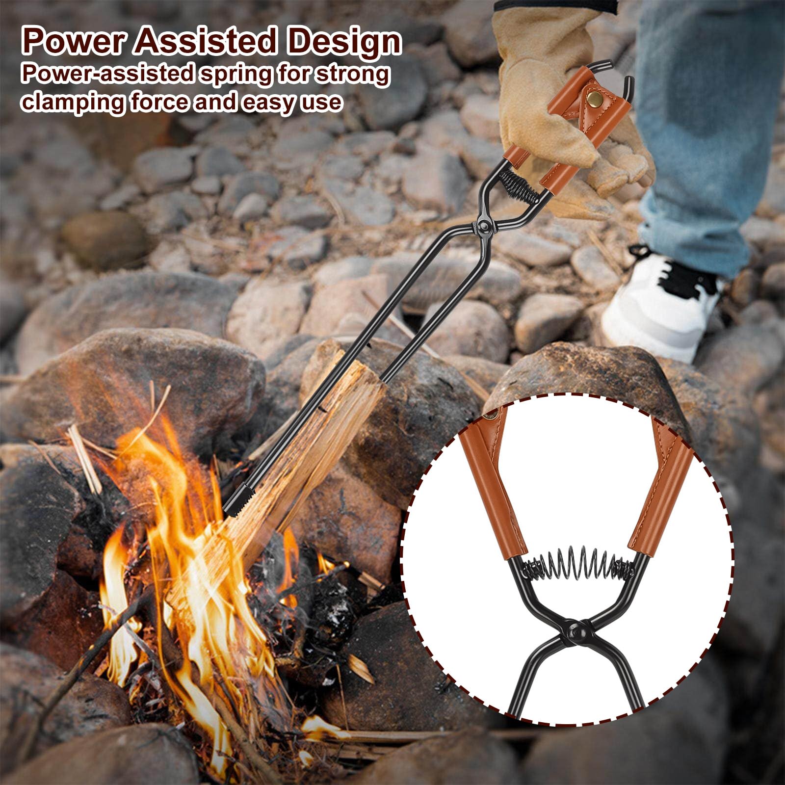 BigKing Szczypce do kominka, narzędzie kominkowe z powłoką ze sztucznej skóry, kominek, grabber, 44 cm, akcesoria do kominków, odpowiednie do kominków kempingowych wewnątrz i na zewnątrz