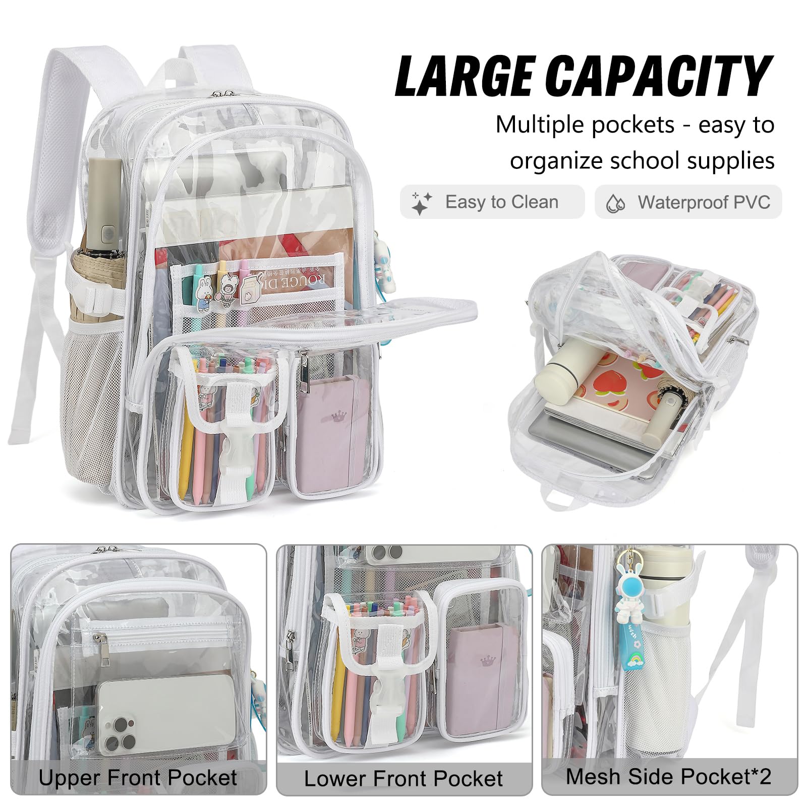 Transparenter Rucksack, strapazierfähig, transparent, Stadiongenehmigt, für Schule, Arbeit, Sport, Reisen