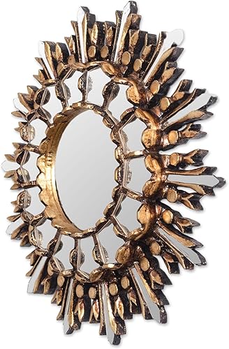 Miniatura 2 de NOVICA Espejo de pared de madera dorada de bronce hecho a mano artesanal de Perú, espejos decorativos metálicos con sol y luna marco de 1.2 pulgadas