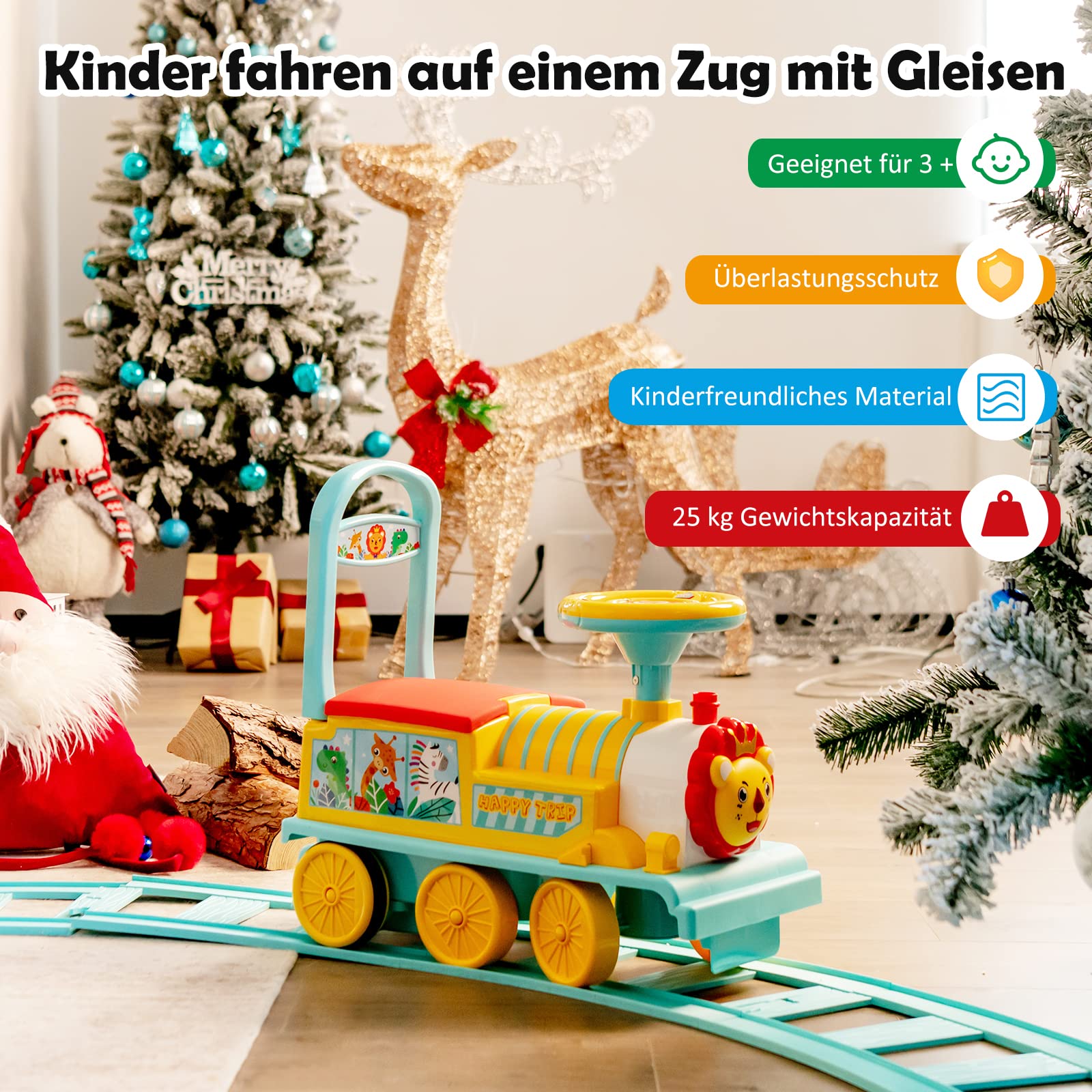 GOPLUS Kinder Elektro Zug, Kinderfahrzeug mit 16 STK. Schiene Set, 6V Kinder Aufsitz mit Licht, Musik, Zugpfeife & Stauraum, Elektro Kinderauto für Jungen & Mädchen ab 3 Jahren (Blau)
