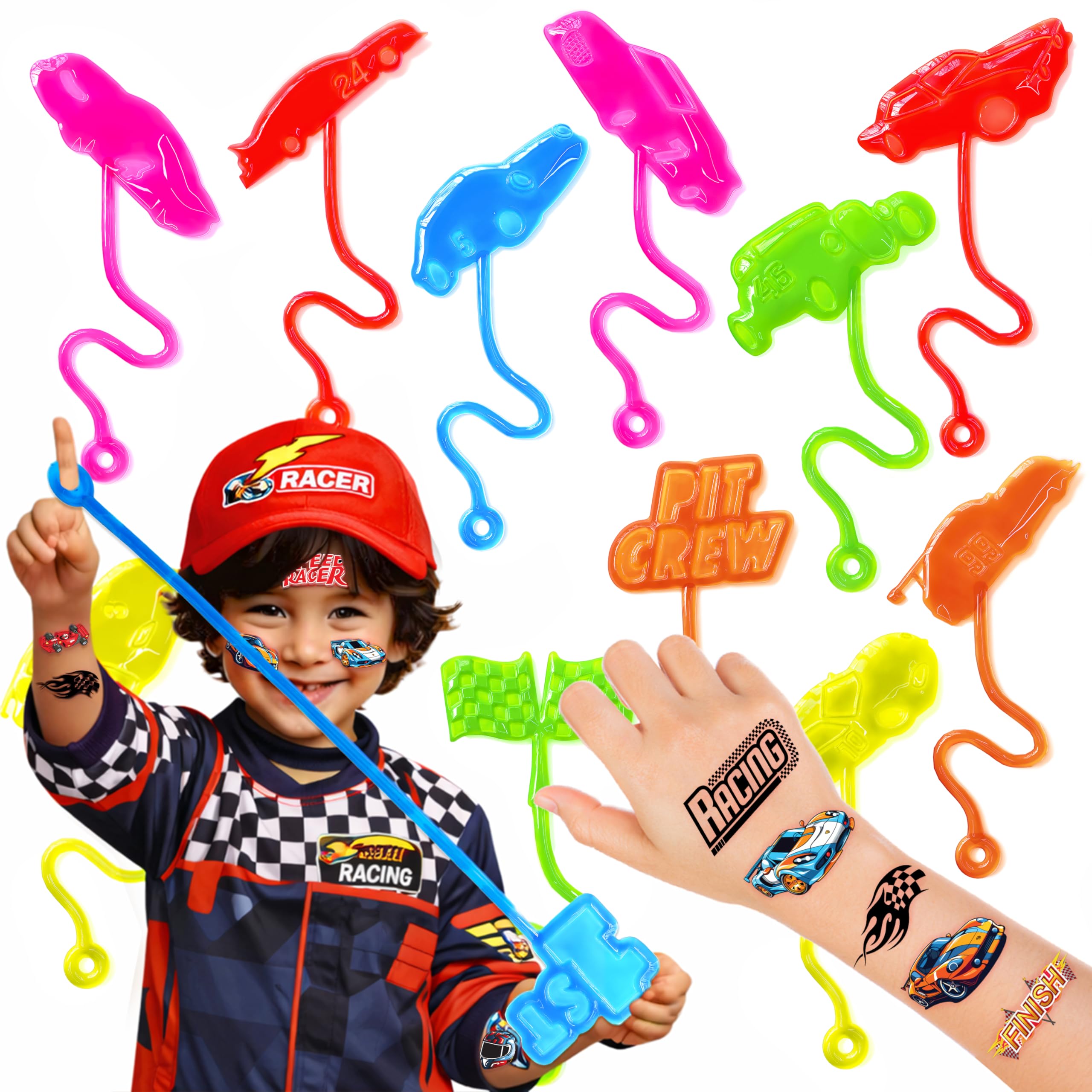 48 PCS Race Car Party Favors - 24 Temporary Tattoos & 24 Stick Hands