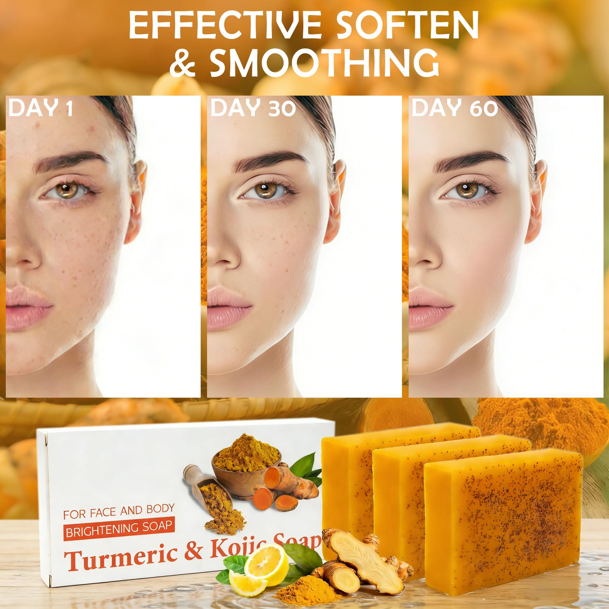 Lot de 3 Savon Curcuma Visage et Corps avec 3 Filets Moussants - Kojic Acid Soap - Savon à l'Acide Kojique Éclaircissant Anti-Taches Brunes, Acné, Hyperpigmentation - Teint Uniforme et Éclatant
