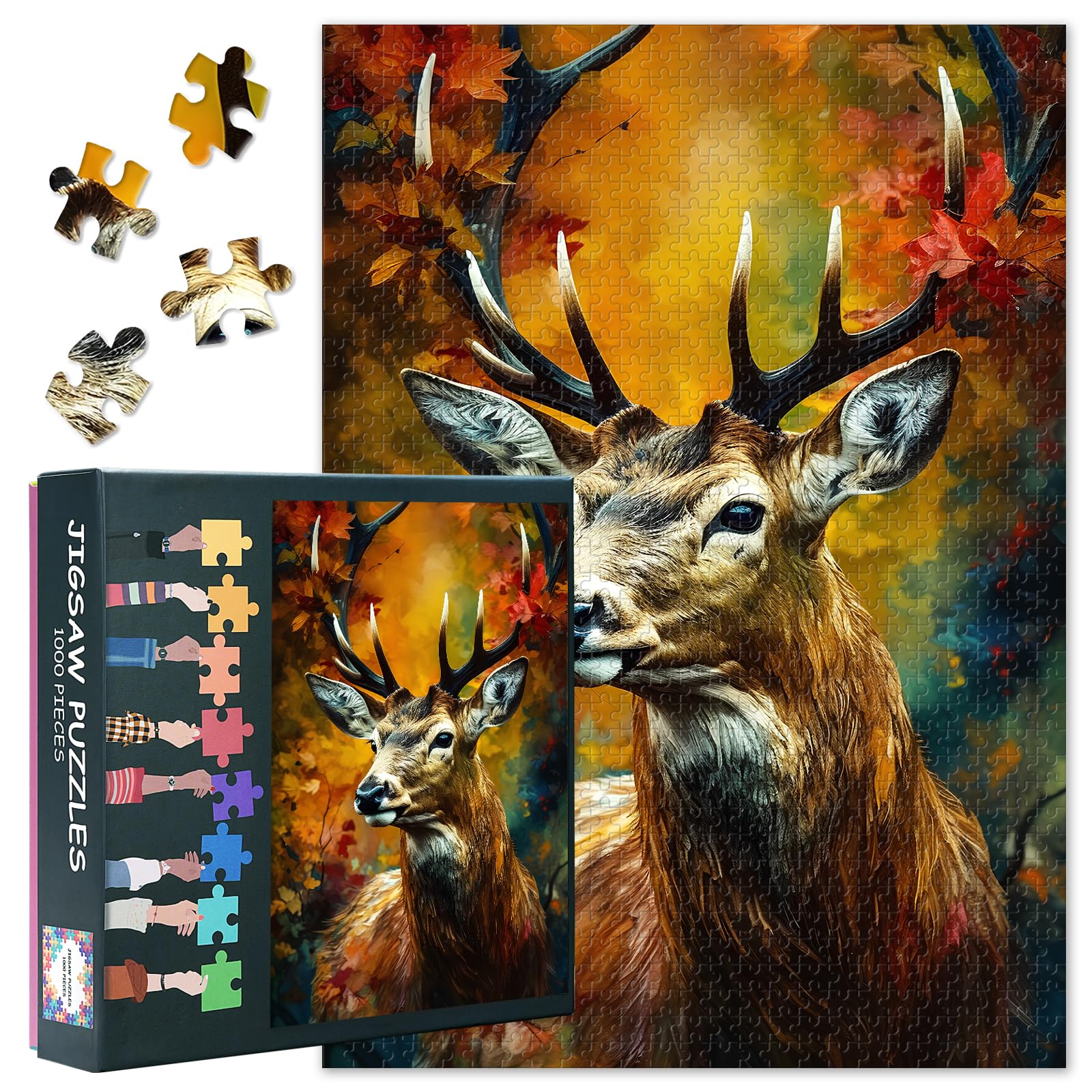 1000 Piece Puzzle for Adults, Jigsaw Puzzles for Adults - Deer in Autumn Forest with Fall Foliage Landscape, Premium 1000-Piece Adult Puzzles, Challenging Cool Puzzle(27.5x19.7 Inches)