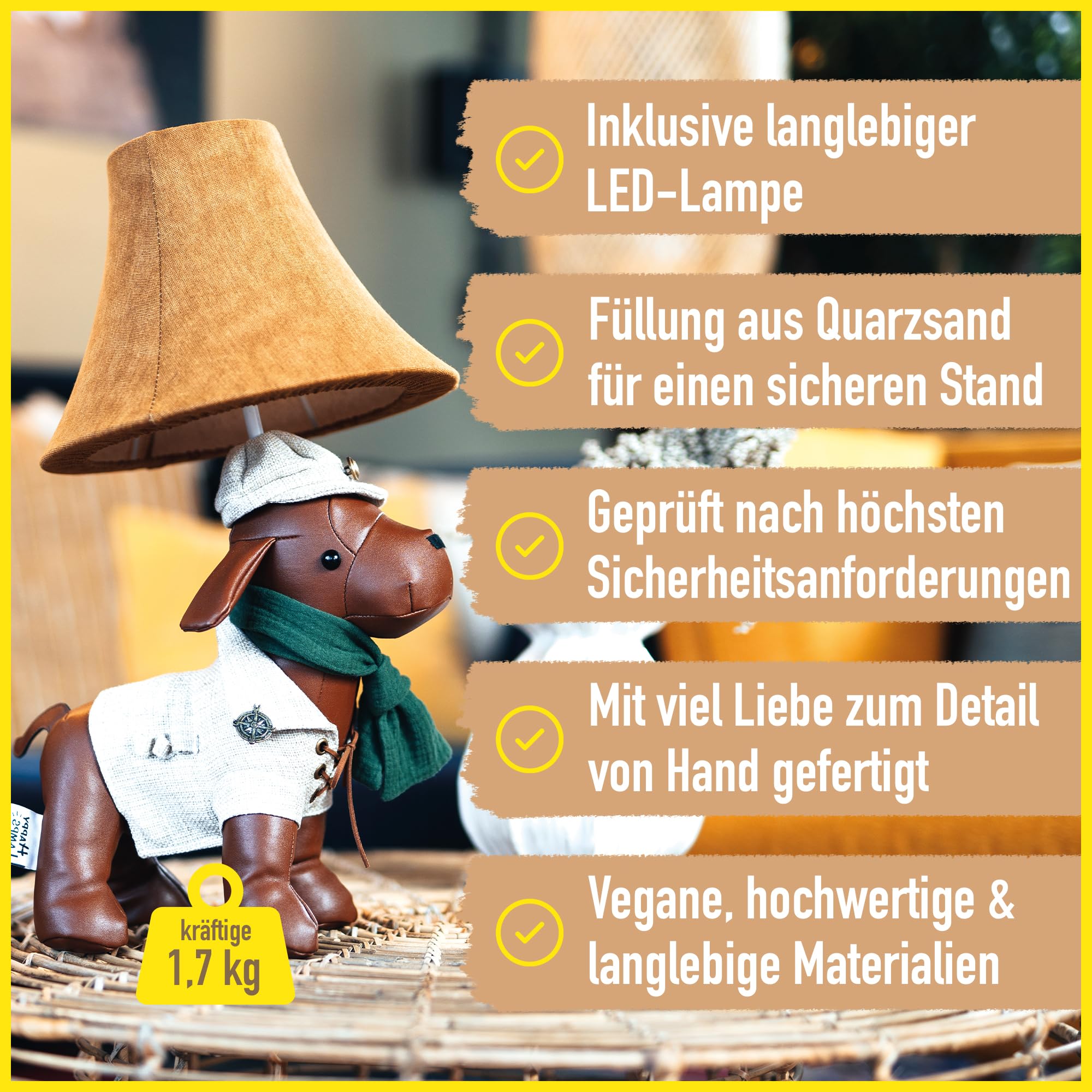 Spike LED-Tischleuchte 48 cm veganes Leder Handarbeit Tischlampe