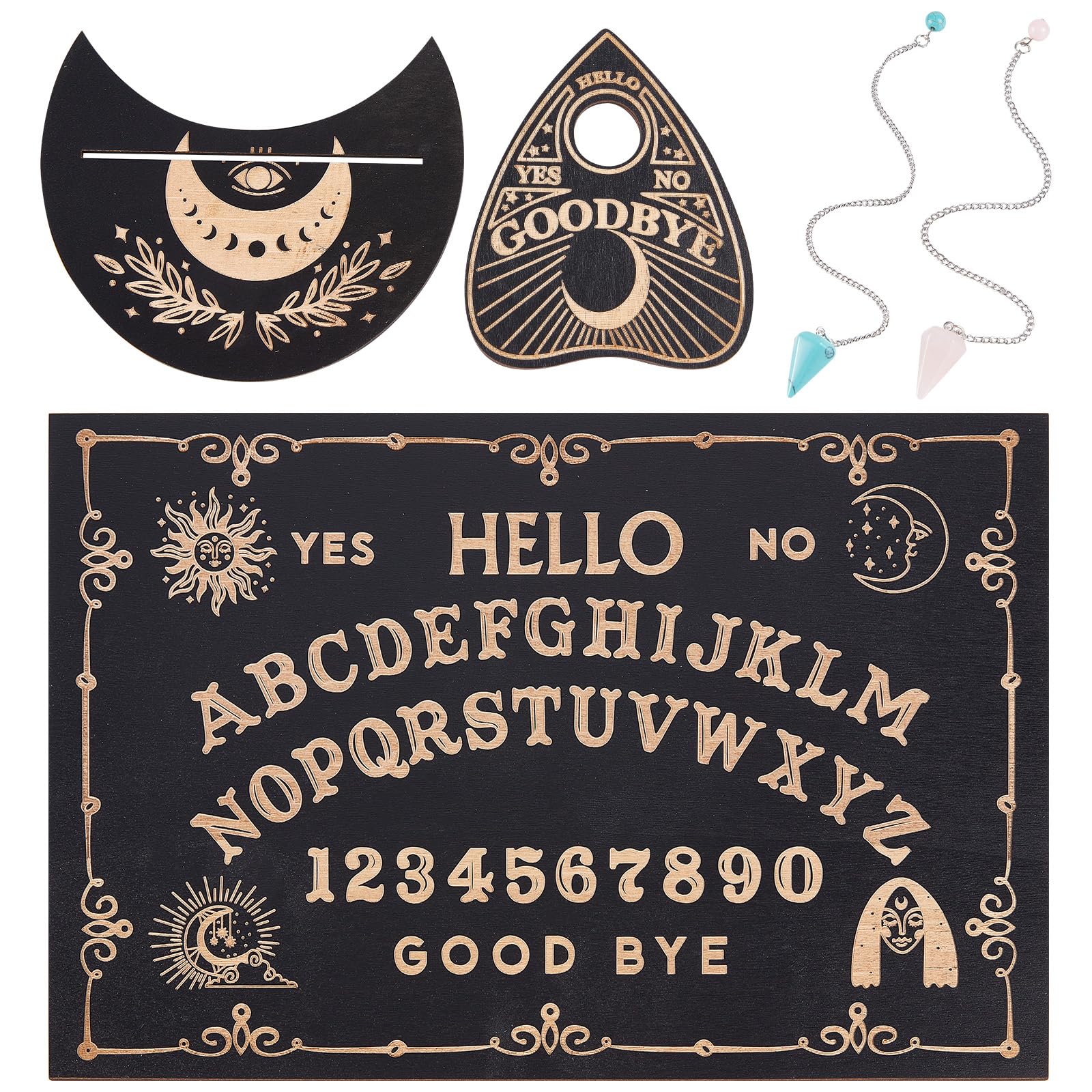 Tavola Degli Spiriti Sole Luna In Legno Con Planchette - Set Divinazione Per Pendolo 30x21 Cm - 2
