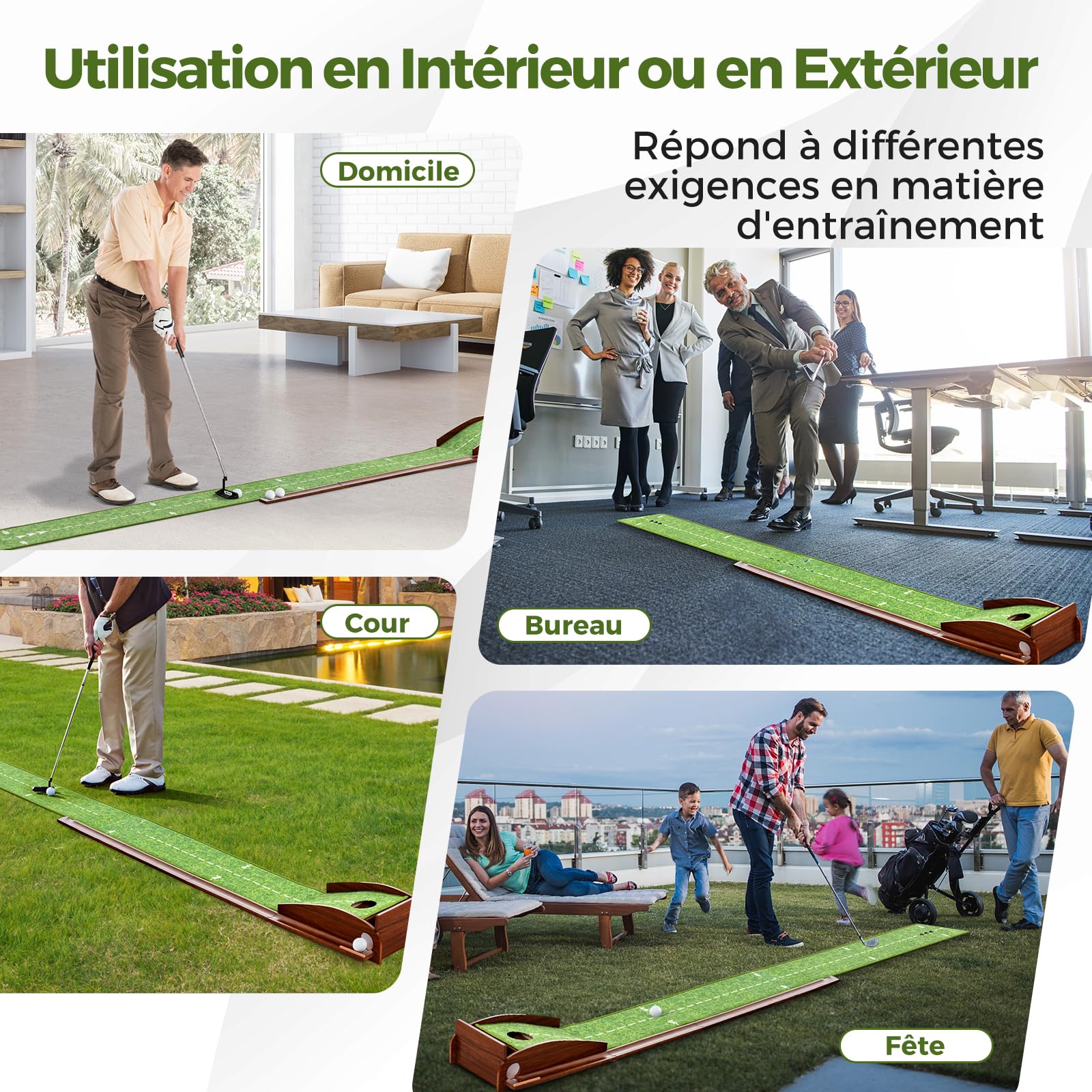 GYMAX Tapis d'Entraînement de Golf avec Retour de Balle Automatique, Tapis de Putting de Golf, Lignes d'Alignement & Marques d'Échelle, 3 Balles de Golf