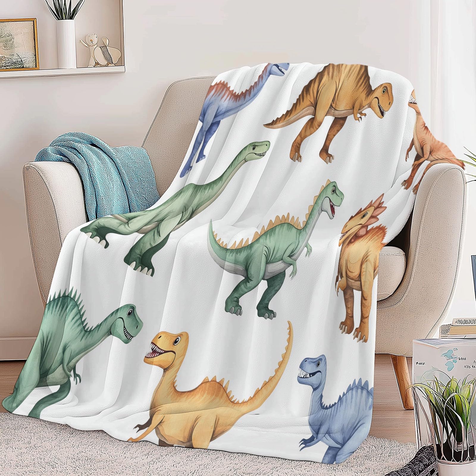 Koc flanelowy 220 x 240 cm Dinozaur Akwarela Puszysty koc z mikrofibry, na sofę i łóżko, miękki i ciepły koc flanelowy, lekki