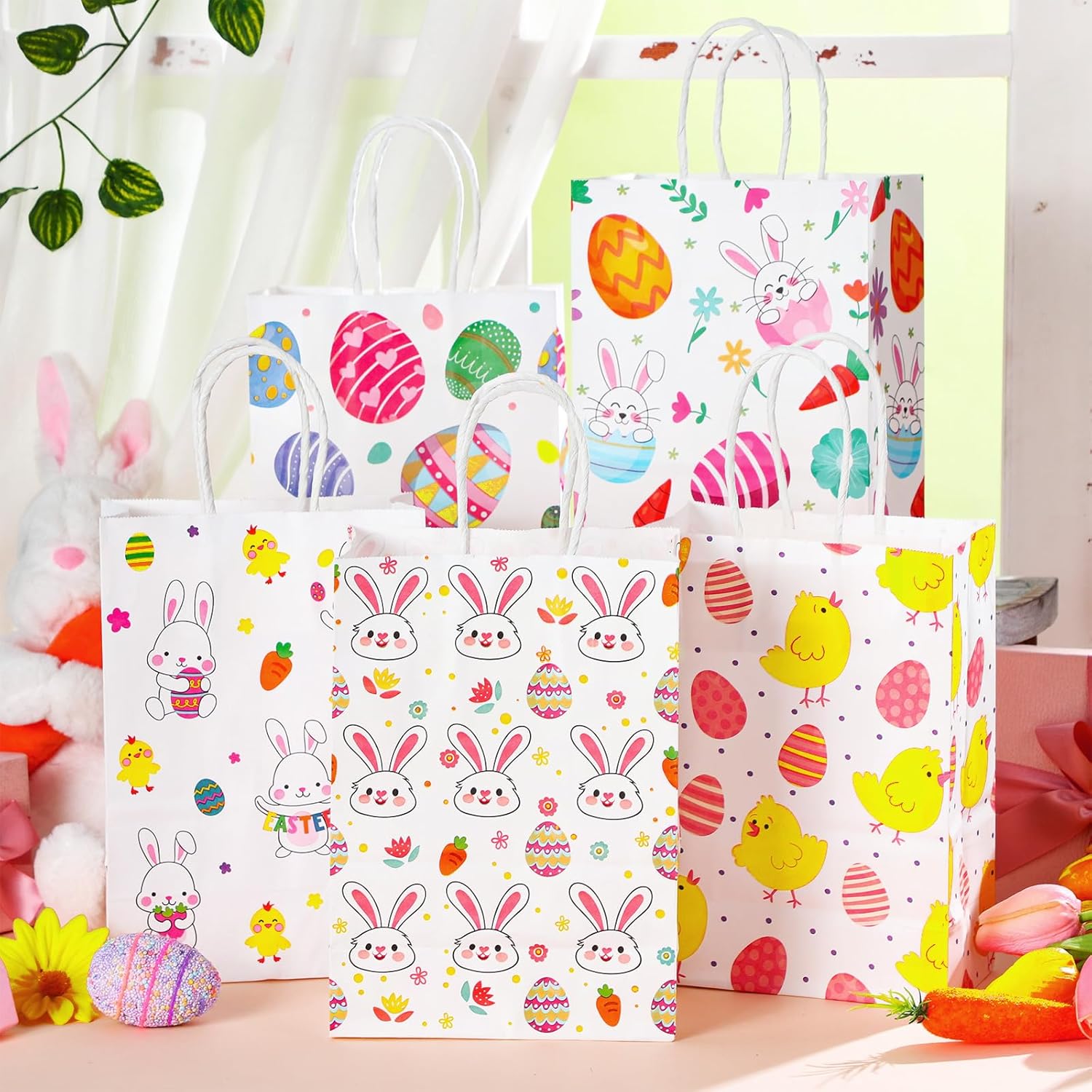Yeaqee 24 Pcs Easter Gift Bags Bunny Paper Treat Bags with Handles Easter Party Favor Pouches Spring Bunny Egg Chick Candy Pouches for Kids Holiday Party Gift Wrapping - Image 3