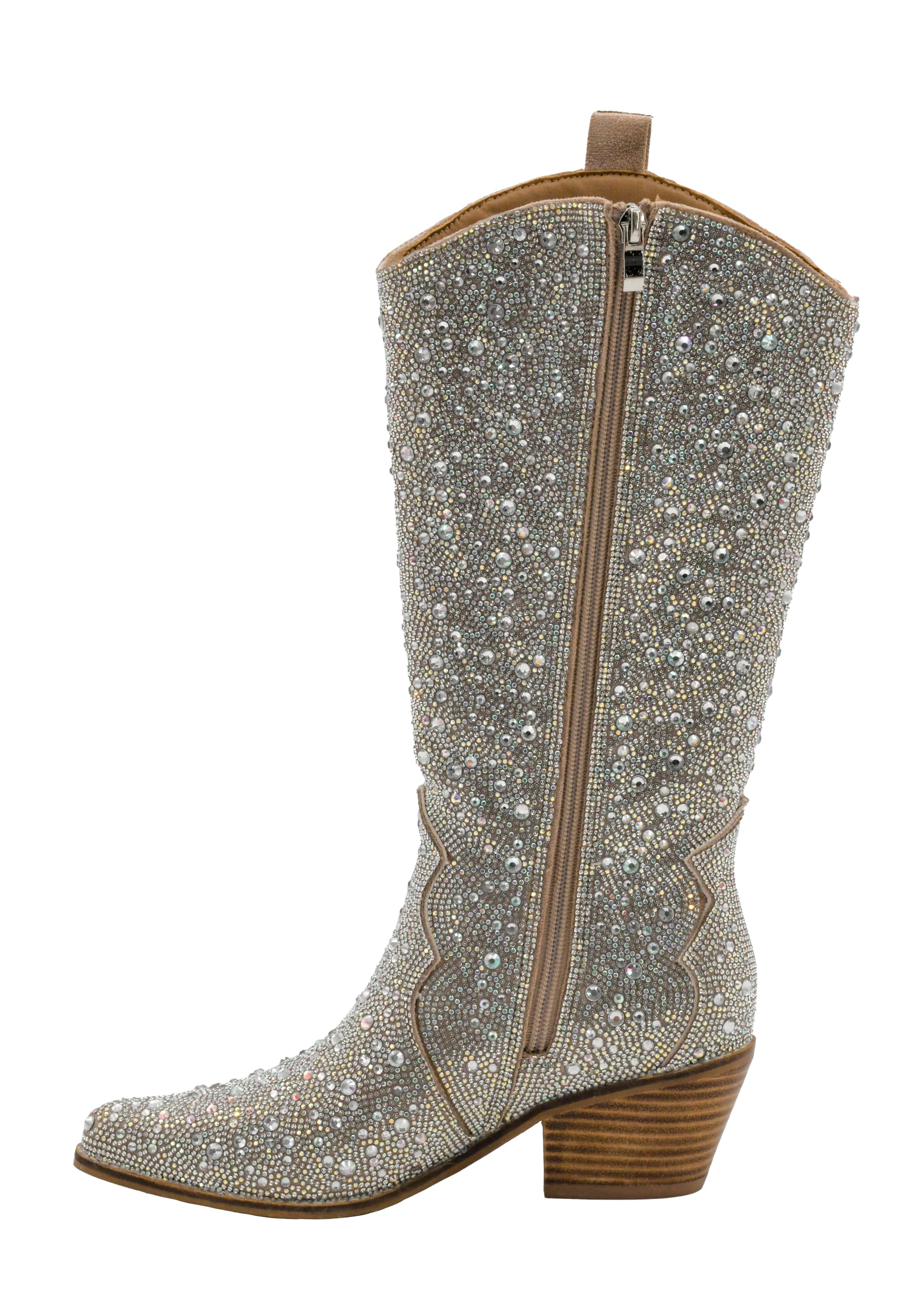 Corkys Footwear Hey Girl Pony Up 2.5-Inch Stacked Heel Boot with All-Over AB Rhinestones, Full Inside Zip, Pull-On Loop, and Cushioned EVA Insole for